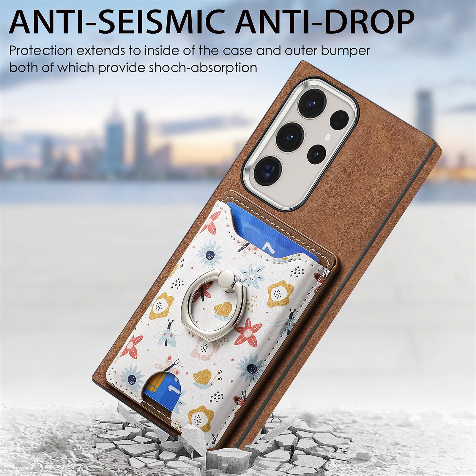 E4 for Samsung Galaxy S22 Ultra 5G Case with Card Holder Leather Coated TPU Kickstand Phone Cover - Brown