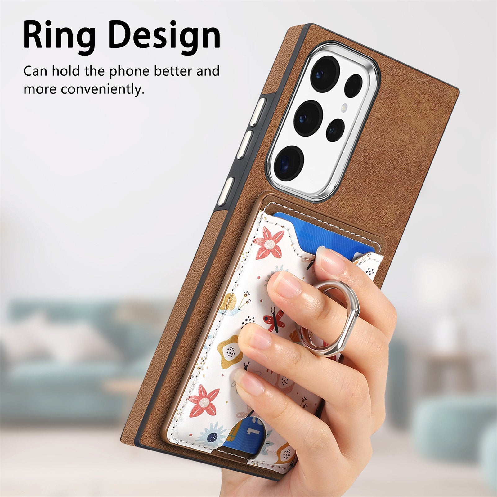 E4 for Samsung Galaxy S22 Ultra 5G Case with Card Holder Leather Coated TPU Kickstand Phone Cover - Brown
