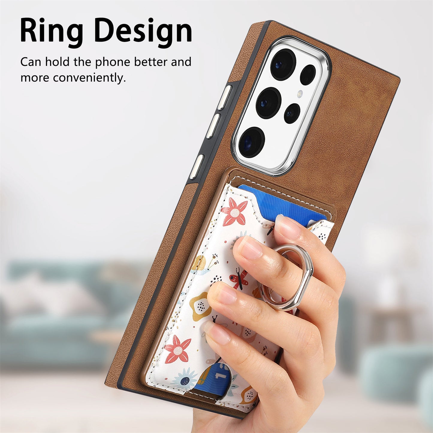 E4 for Samsung Galaxy S22 Ultra 5G Case with Card Holder Leather Coated TPU Kickstand Phone Cover - Brown