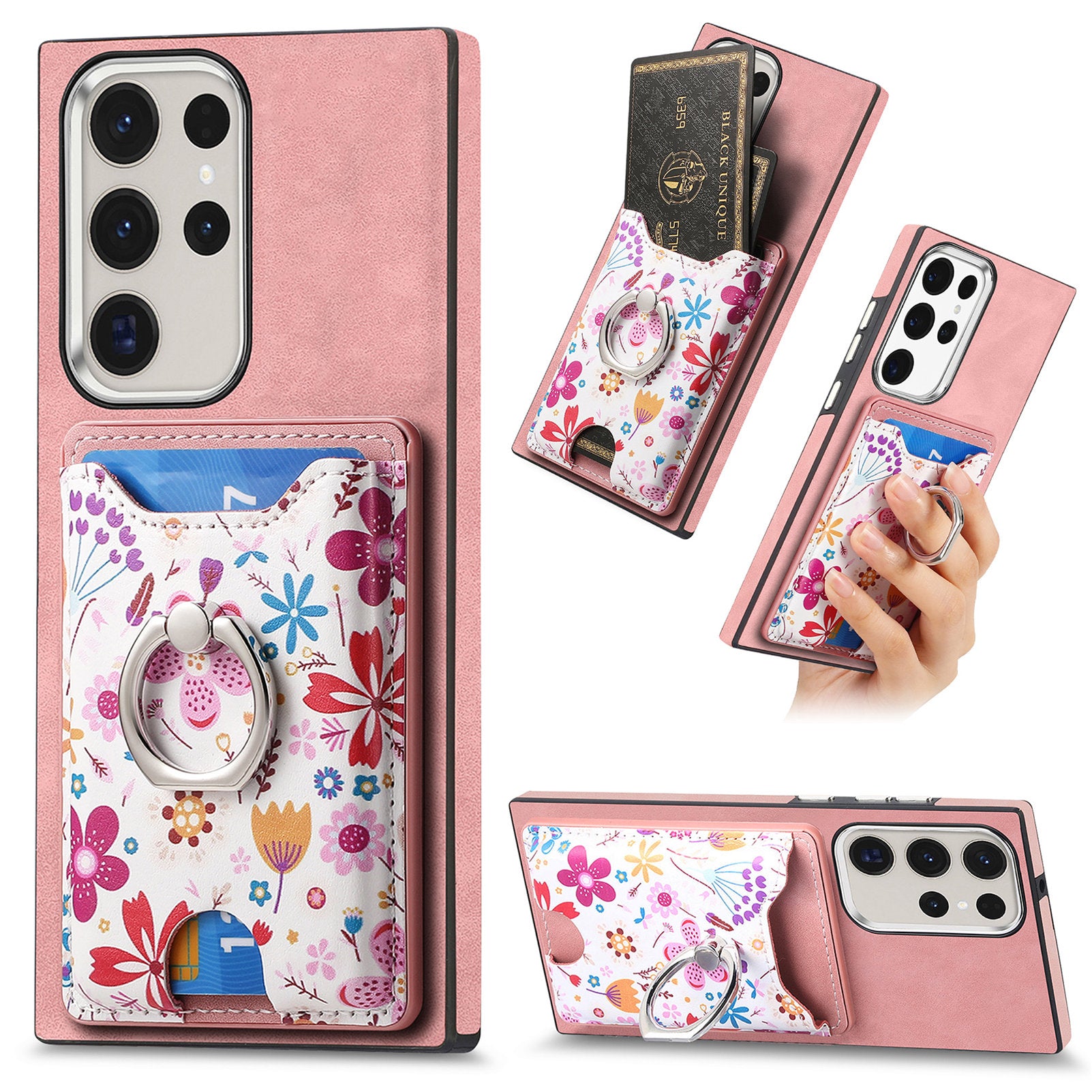 E4 for Samsung Galaxy S22 Ultra 5G Case with Card Holder Leather Coated TPU Kickstand Phone Cover - Pink