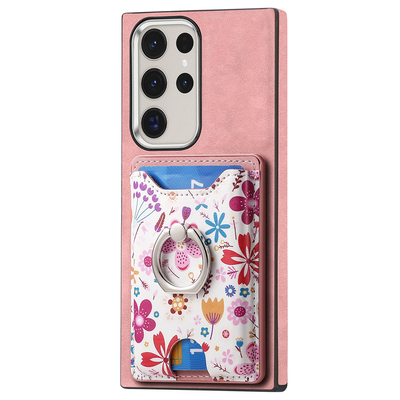 E4 for Samsung Galaxy S22 Ultra 5G Case with Card Holder Leather Coated TPU Kickstand Phone Cover - Pink