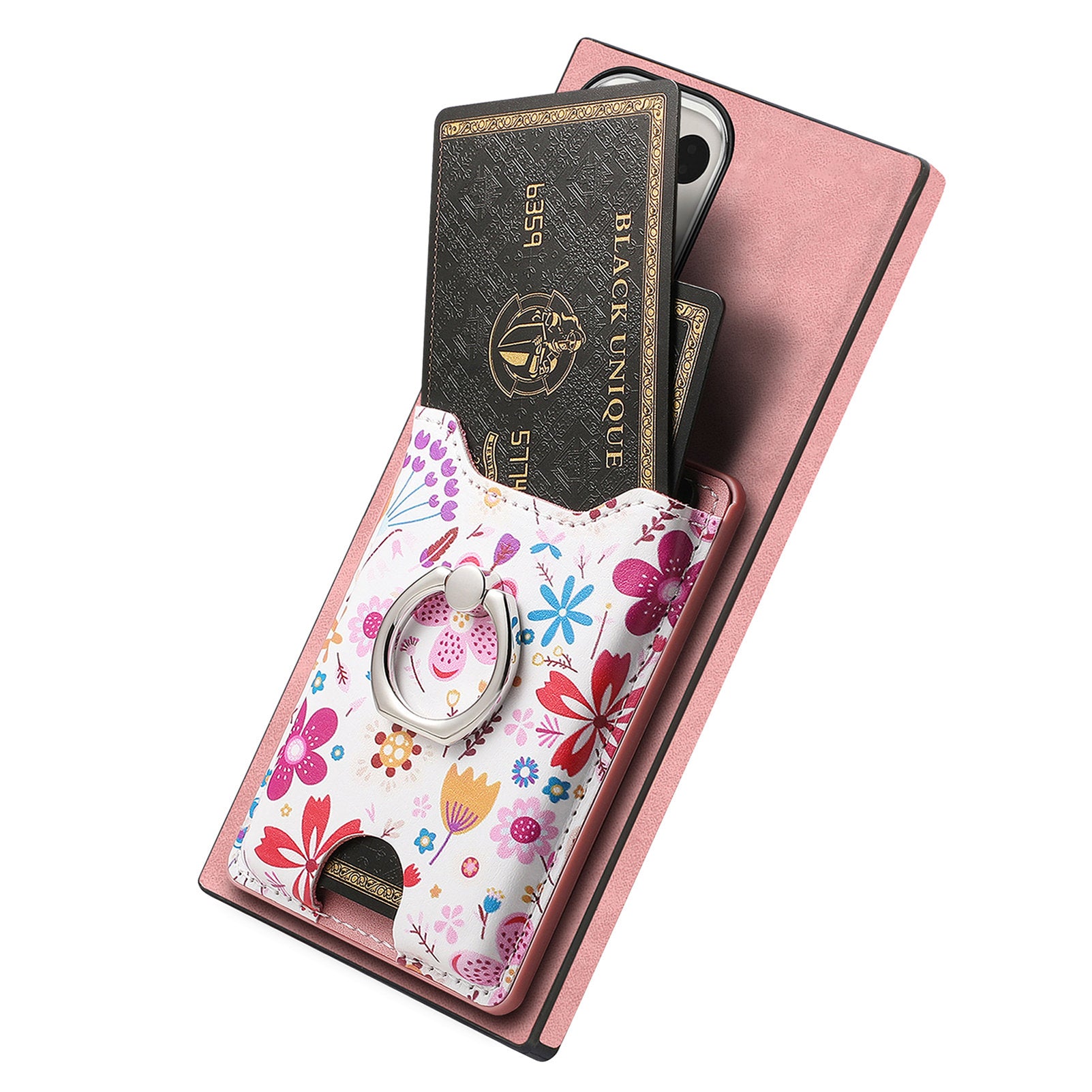 E4 for Samsung Galaxy S22 Ultra 5G Case with Card Holder Leather Coated TPU Kickstand Phone Cover - Pink