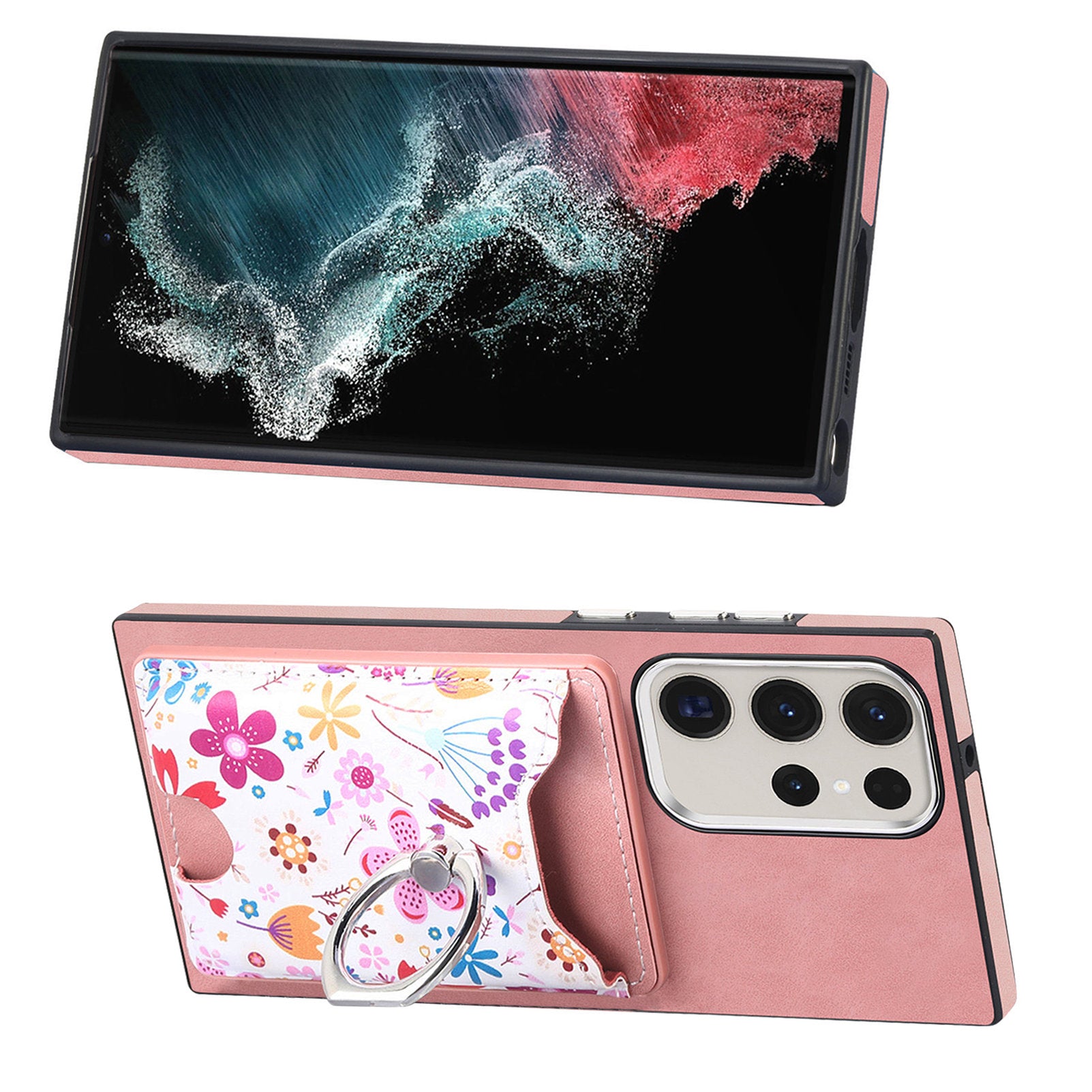 E4 for Samsung Galaxy S22 Ultra 5G Case with Card Holder Leather Coated TPU Kickstand Phone Cover - Pink