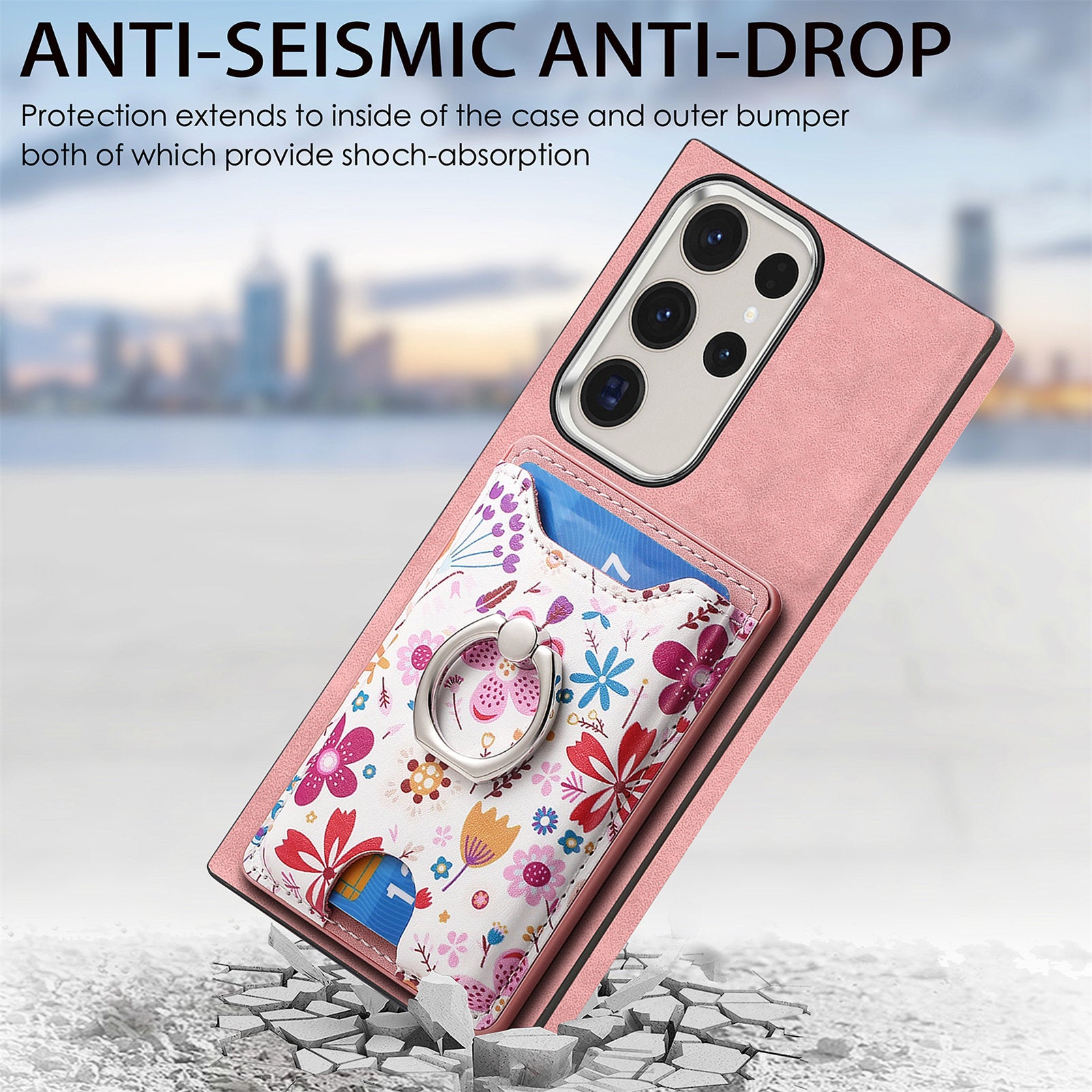 E4 for Samsung Galaxy S22 Ultra 5G Case with Card Holder Leather Coated TPU Kickstand Phone Cover - Pink