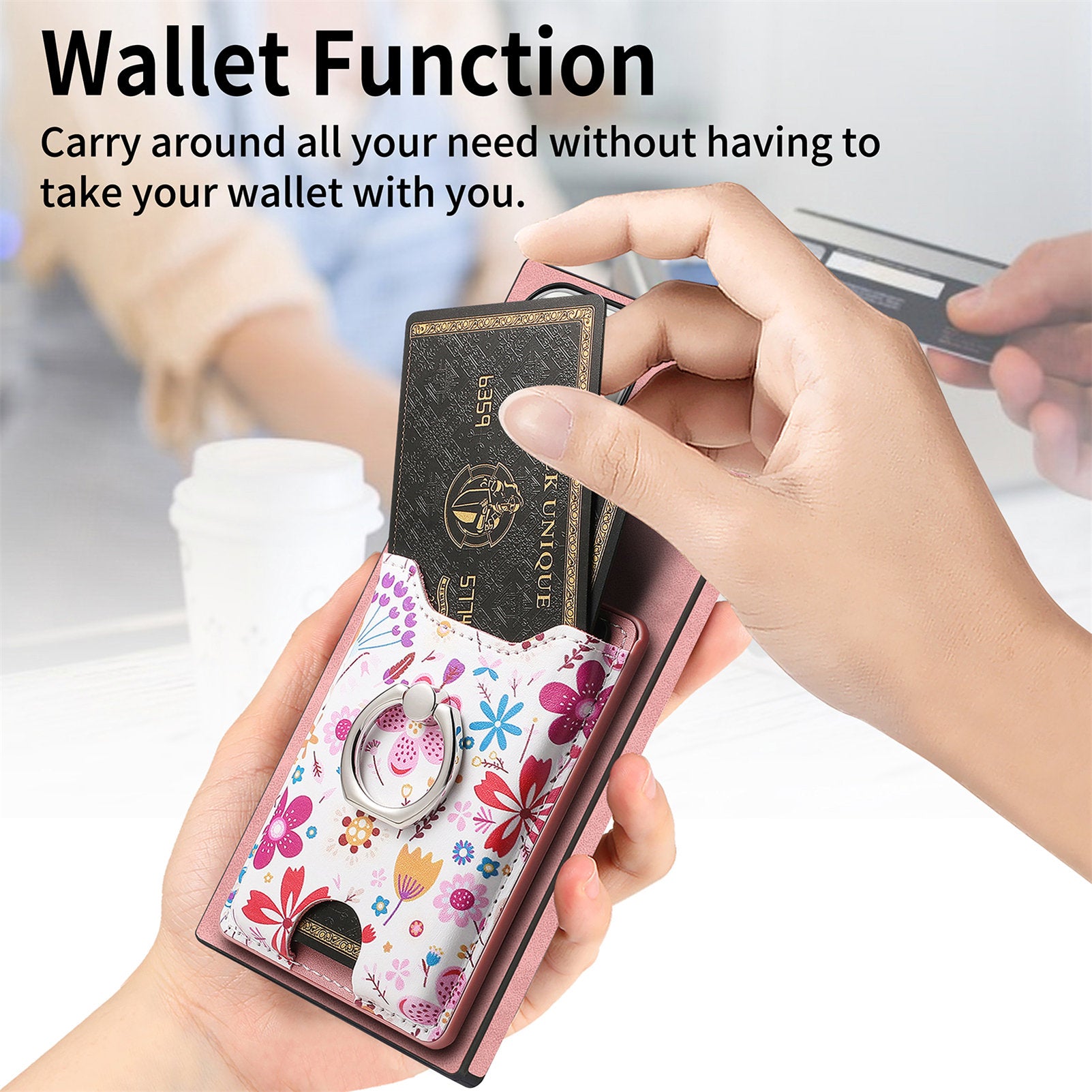 E4 for Samsung Galaxy S22 Ultra 5G Case with Card Holder Leather Coated TPU Kickstand Phone Cover - Pink