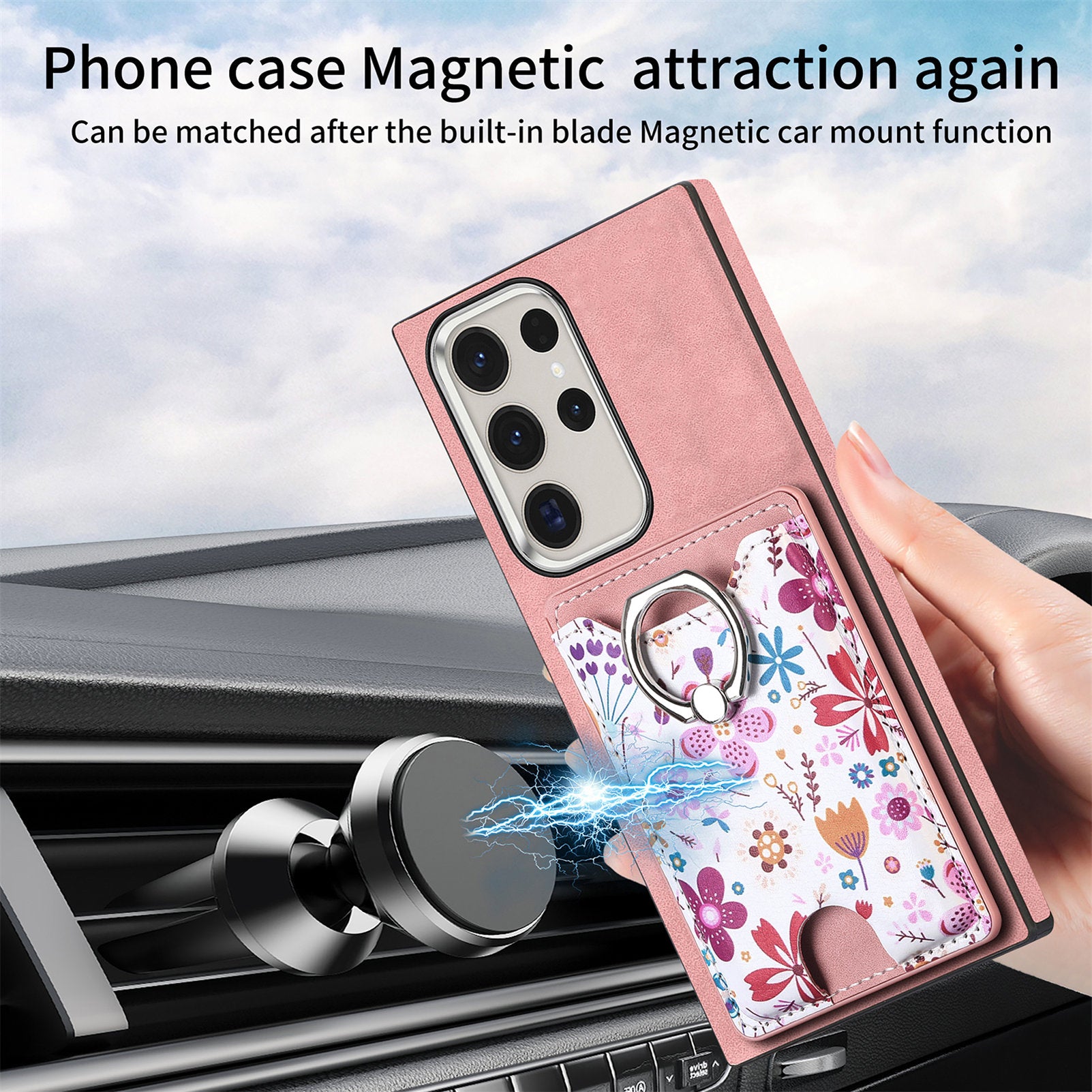 E4 for Samsung Galaxy S22 Ultra 5G Case with Card Holder Leather Coated TPU Kickstand Phone Cover - Pink