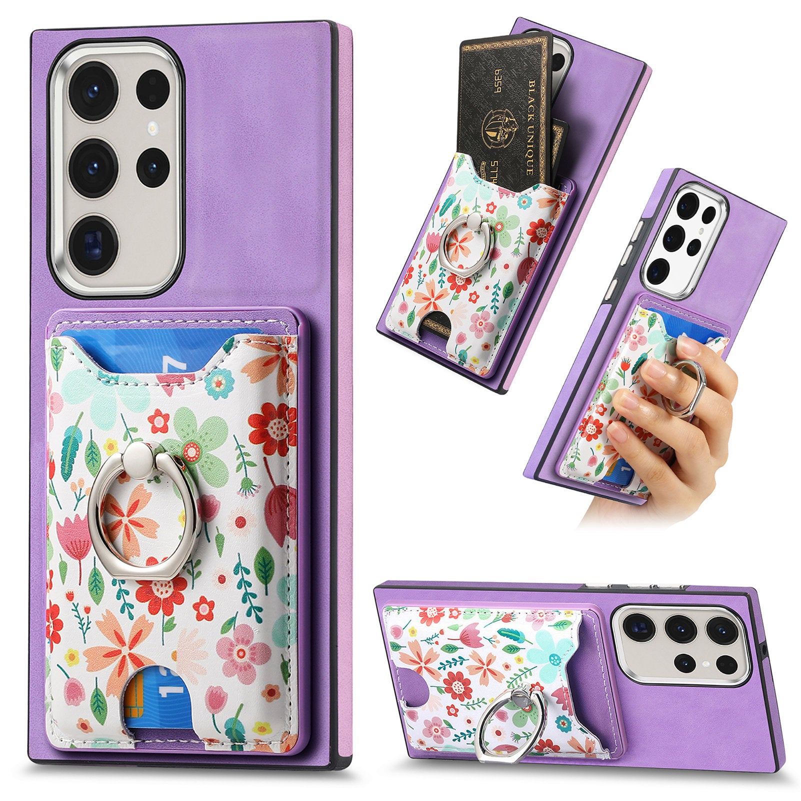 E4 for Samsung Galaxy S22 Ultra 5G Case with Card Holder Leather Coated TPU Kickstand Phone Cover - Purple