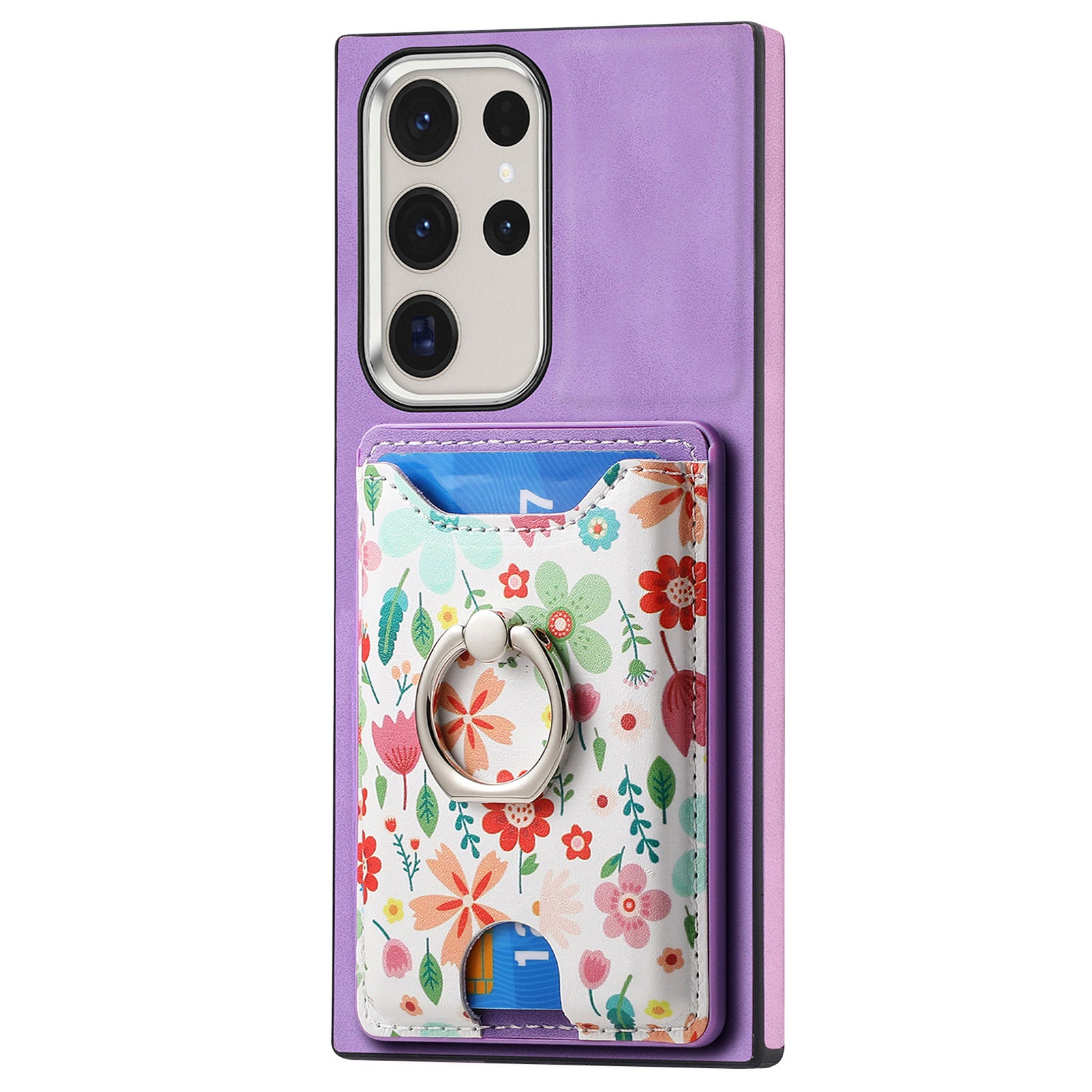 E4 for Samsung Galaxy S22 Ultra 5G Case with Card Holder Leather Coated TPU Kickstand Phone Cover - Purple