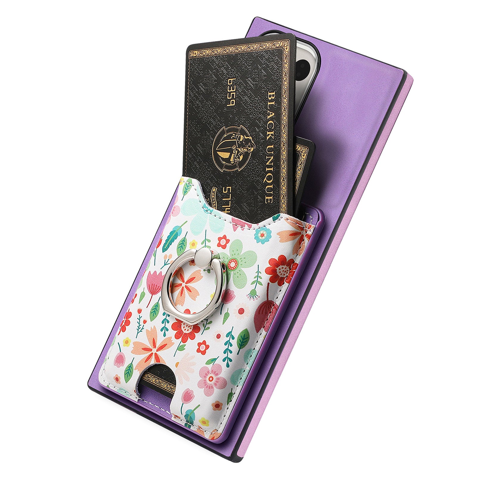 E4 for Samsung Galaxy S22 Ultra 5G Case with Card Holder Leather Coated TPU Kickstand Phone Cover - Purple