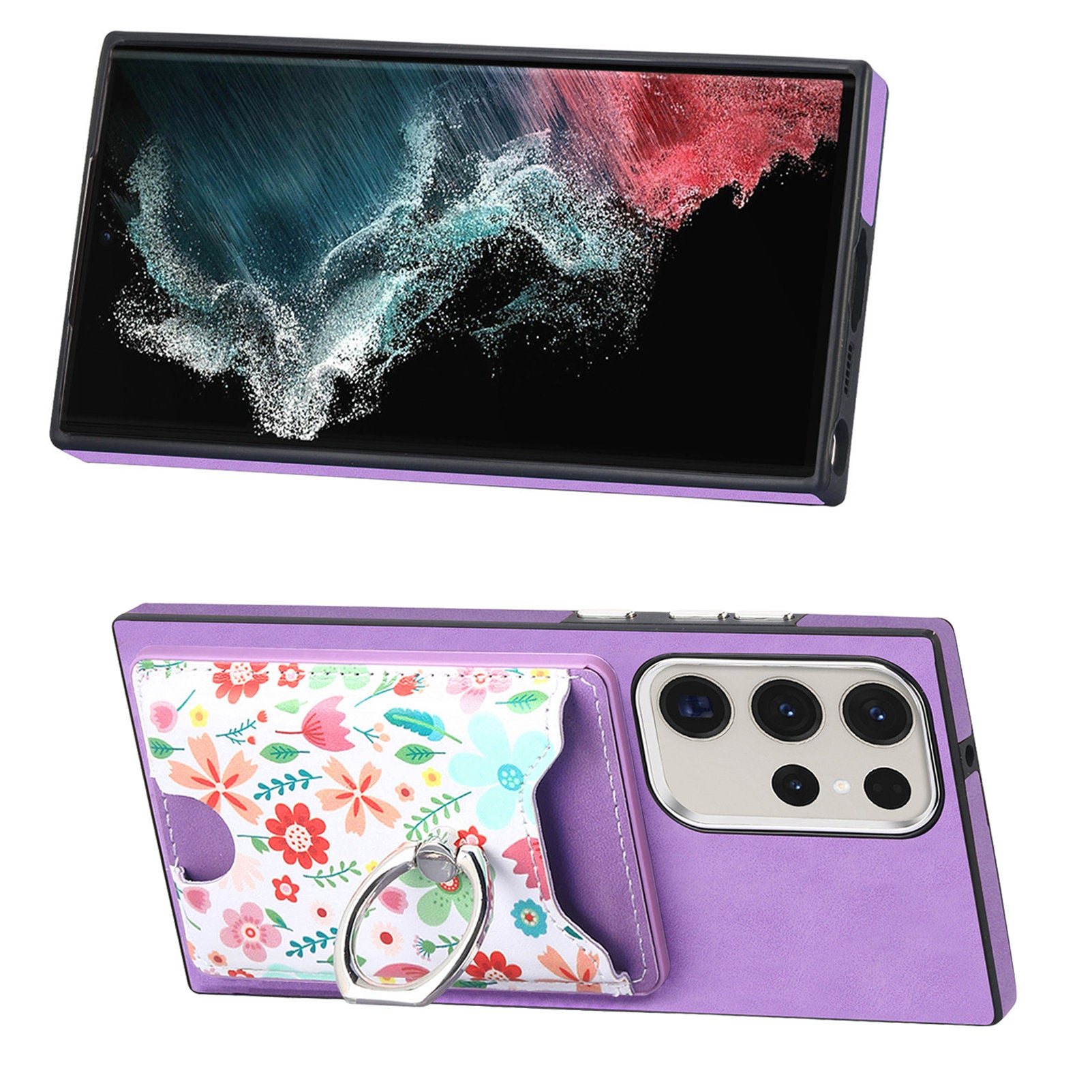 E4 for Samsung Galaxy S22 Ultra 5G Case with Card Holder Leather Coated TPU Kickstand Phone Cover - Purple