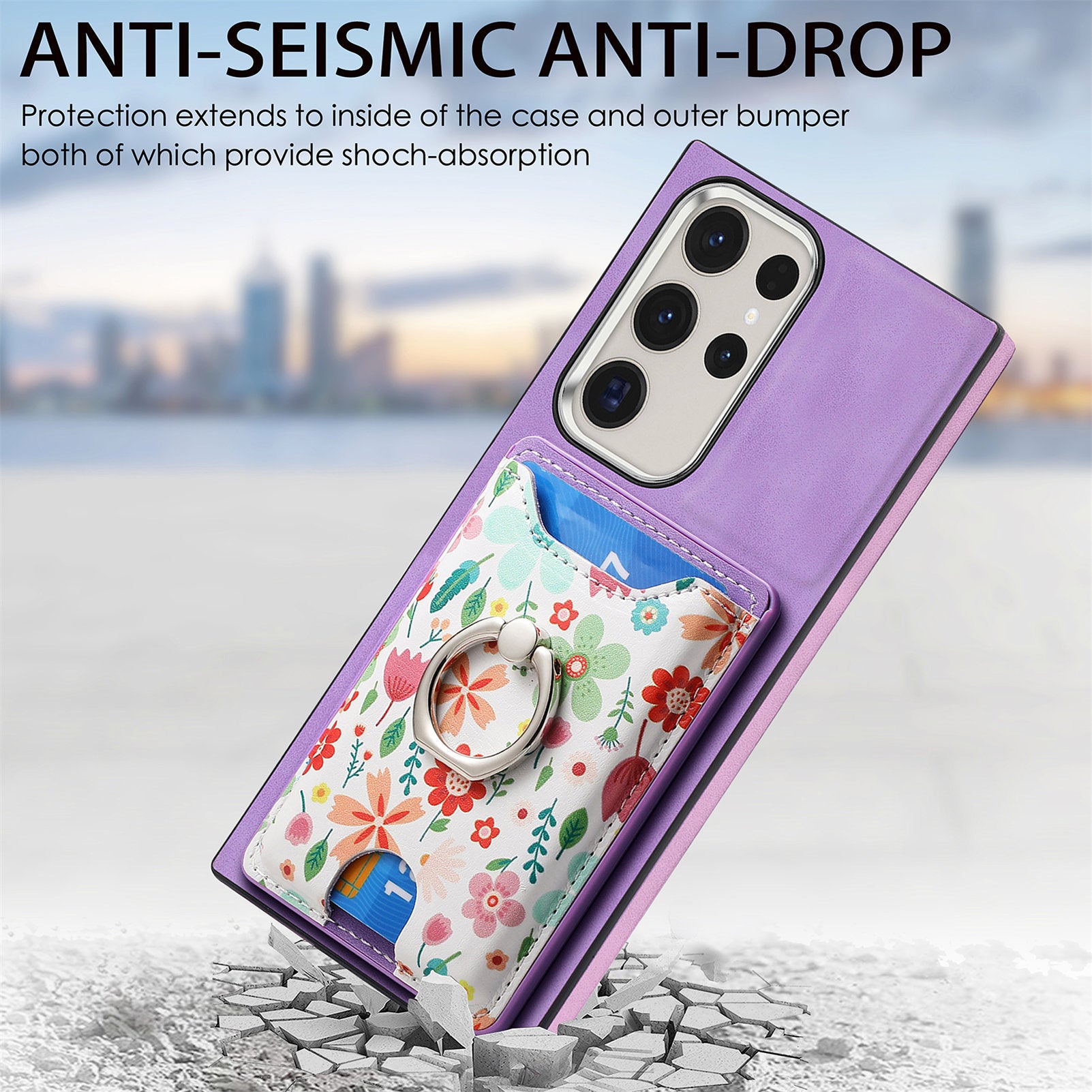 E4 for Samsung Galaxy S22 Ultra 5G Case with Card Holder Leather Coated TPU Kickstand Phone Cover - Purple