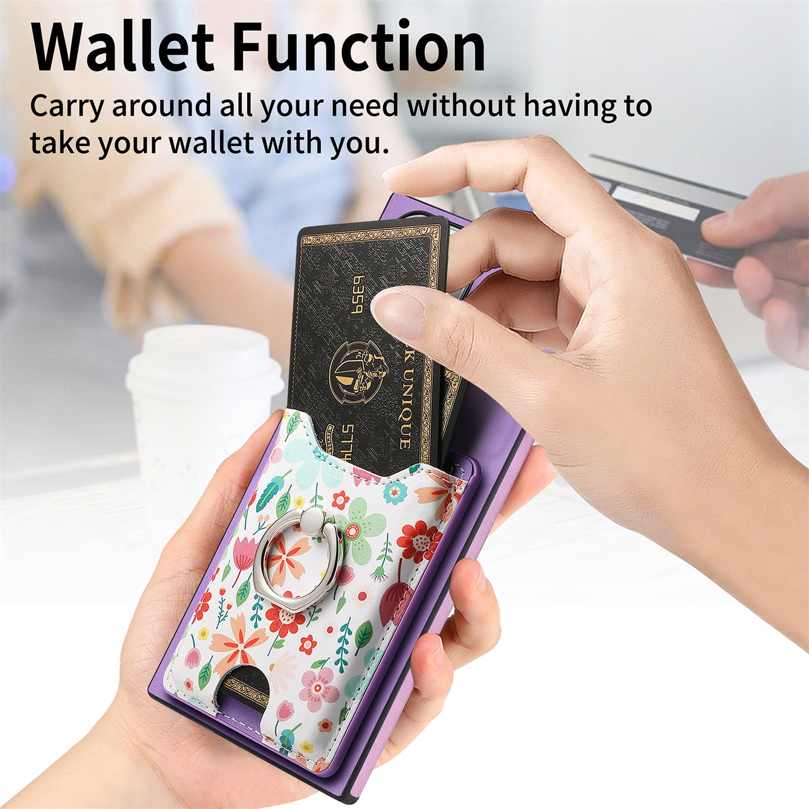 E4 for Samsung Galaxy S22 Ultra 5G Case with Card Holder Leather Coated TPU Kickstand Phone Cover - Purple