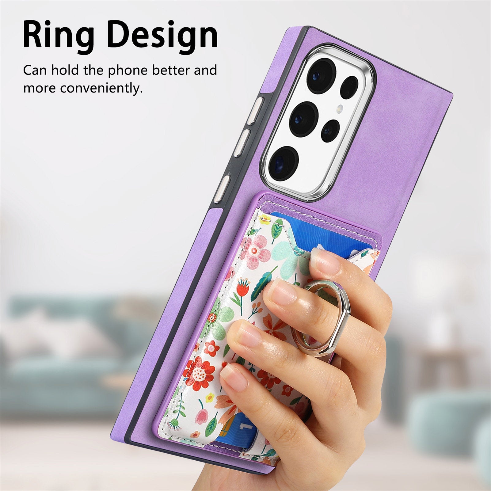 E4 for Samsung Galaxy S22 Ultra 5G Case with Card Holder Leather Coated TPU Kickstand Phone Cover - Purple