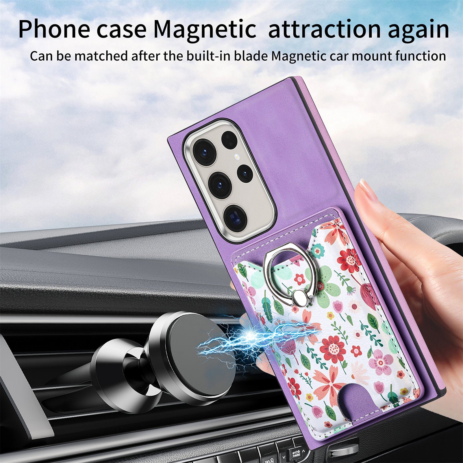 E4 for Samsung Galaxy S22 Ultra 5G Case with Card Holder Leather Coated TPU Kickstand Phone Cover - Purple