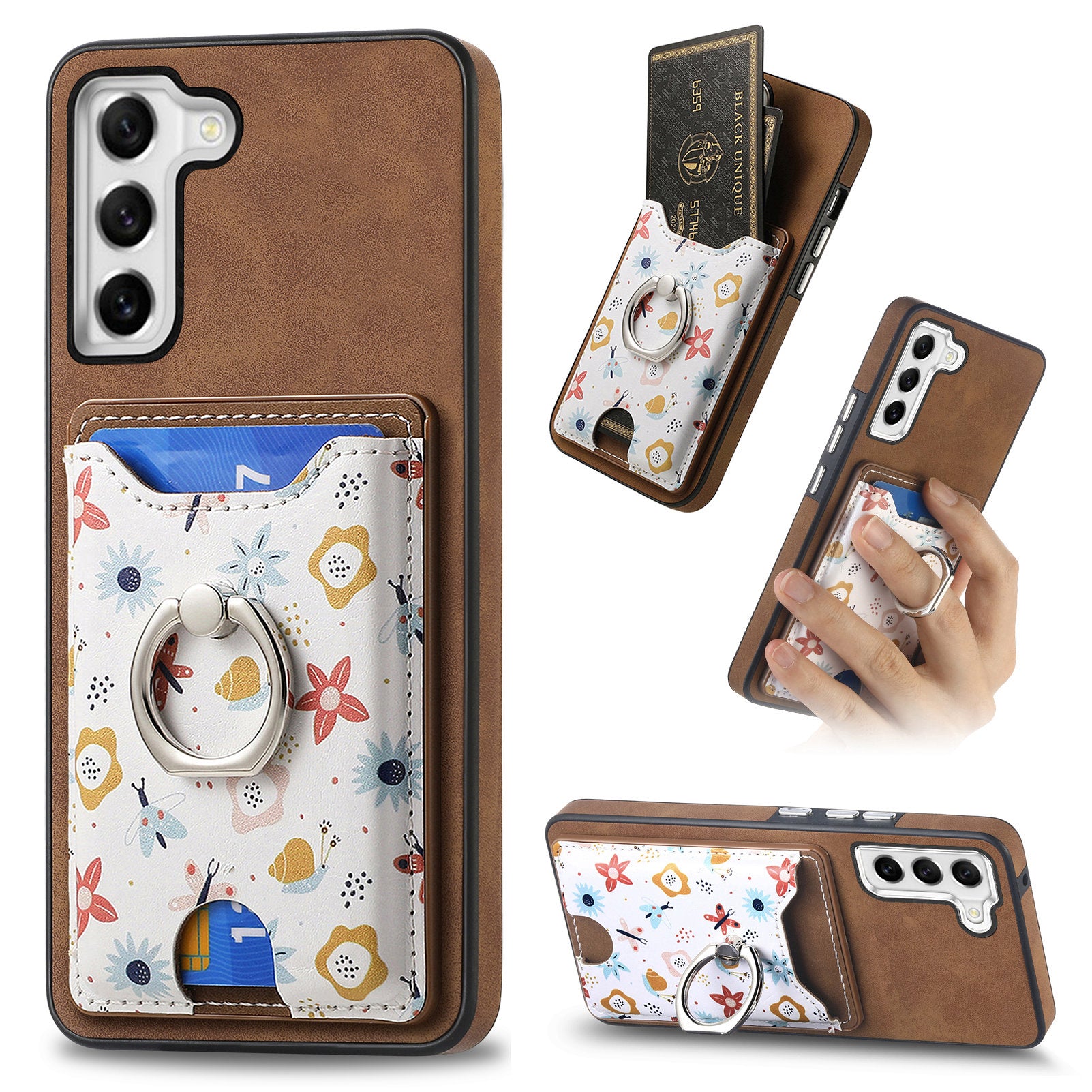 E4 for Samsung Galaxy S21 FE 5G Case Kickstand Leather Coated TPU Pattern Back Cover - Brown