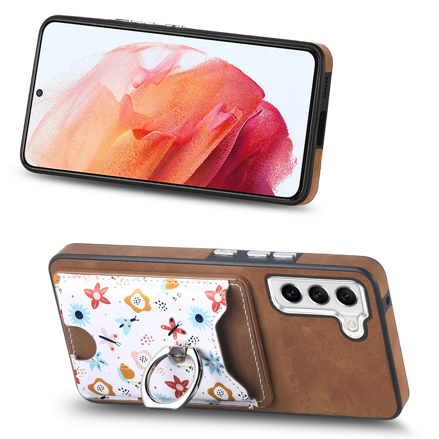 E4 for Samsung Galaxy S21 FE 5G Case Kickstand Leather Coated TPU Pattern Back Cover - Brown