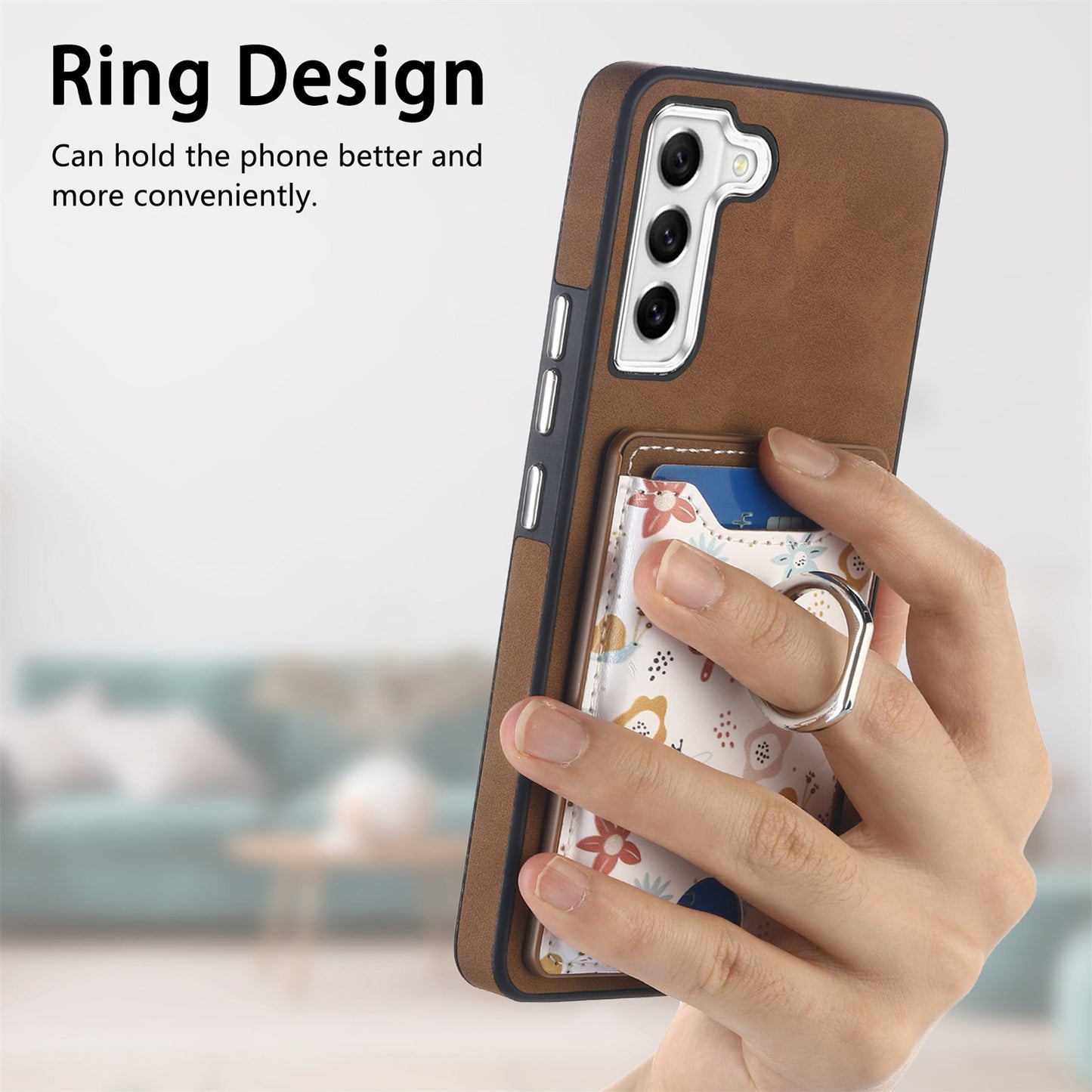 E4 for Samsung Galaxy S21 FE 5G Case Kickstand Leather Coated TPU Pattern Back Cover - Brown