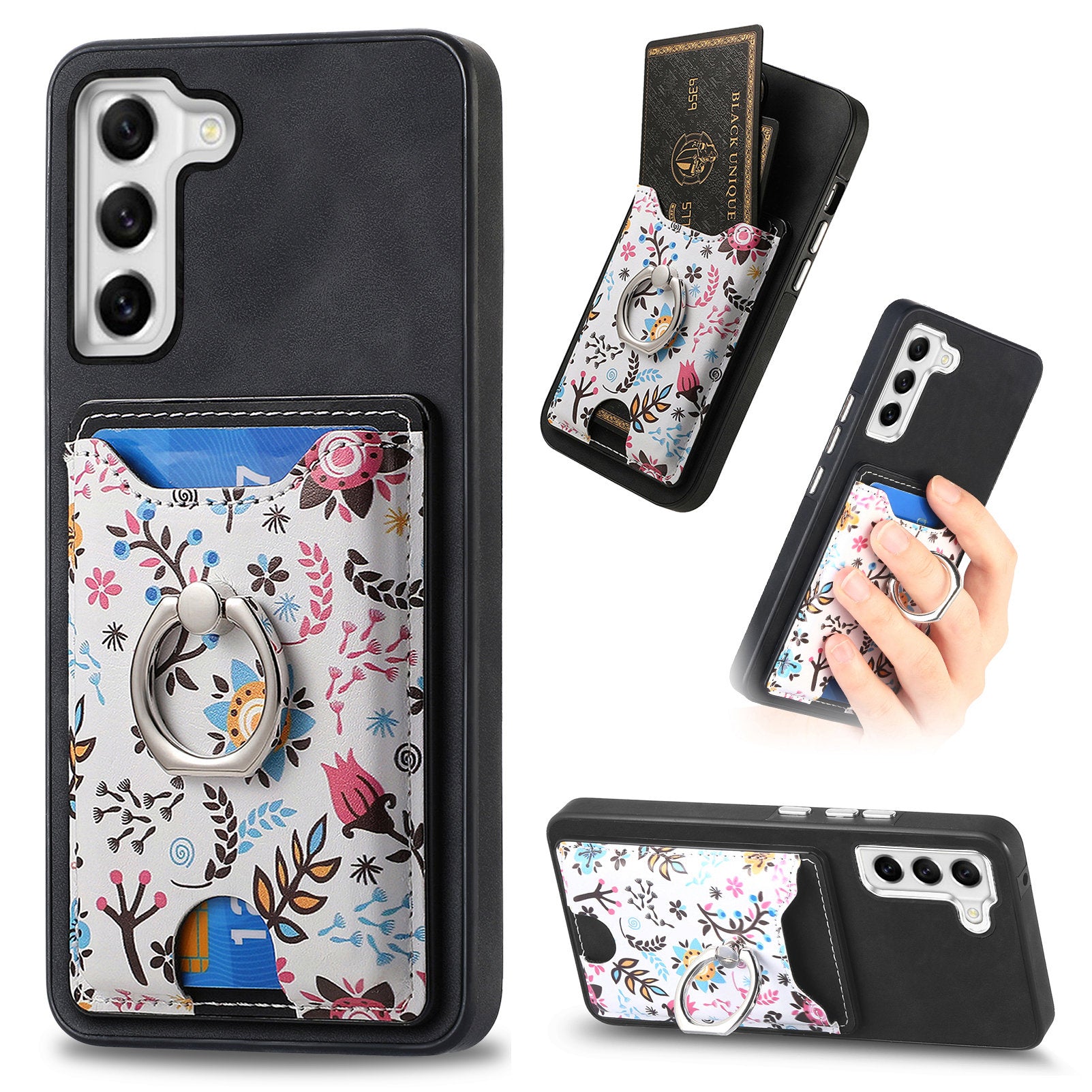 E4 for Samsung Galaxy S21 FE 5G Case Kickstand Leather Coated TPU Pattern Back Cover - Black
