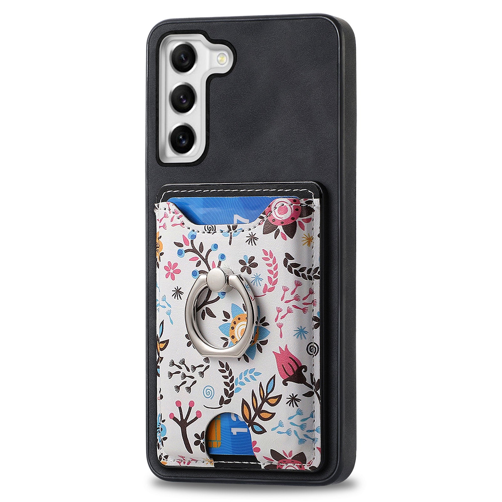 E4 for Samsung Galaxy S21 FE 5G Case Kickstand Leather Coated TPU Pattern Back Cover - Black