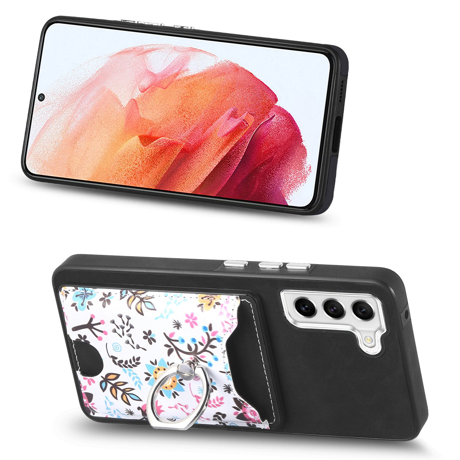 E4 for Samsung Galaxy S21 FE 5G Case Kickstand Leather Coated TPU Pattern Back Cover - Black