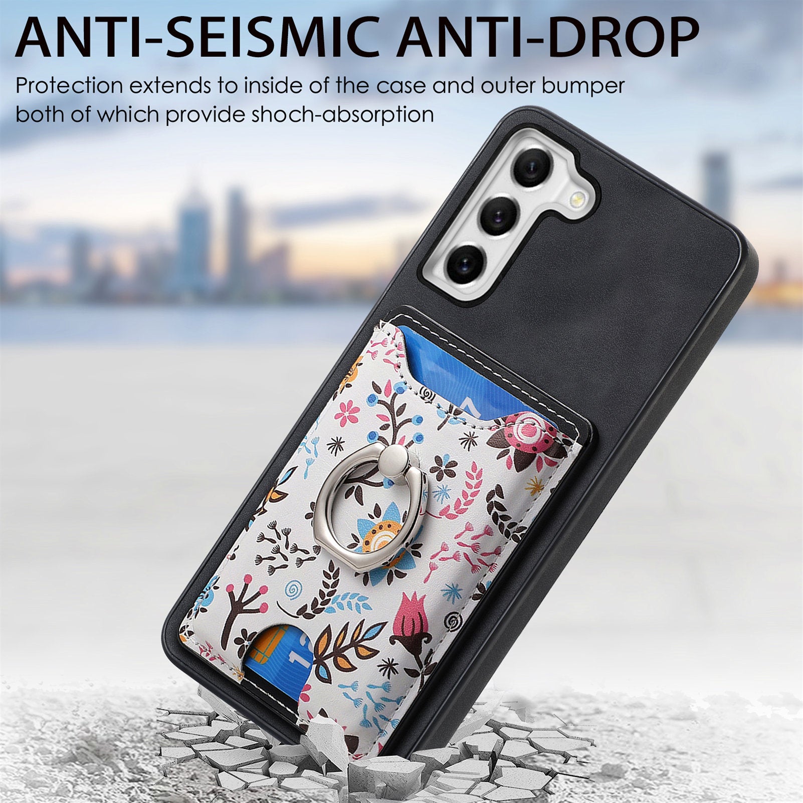 E4 for Samsung Galaxy S21 FE 5G Case Kickstand Leather Coated TPU Pattern Back Cover - Black