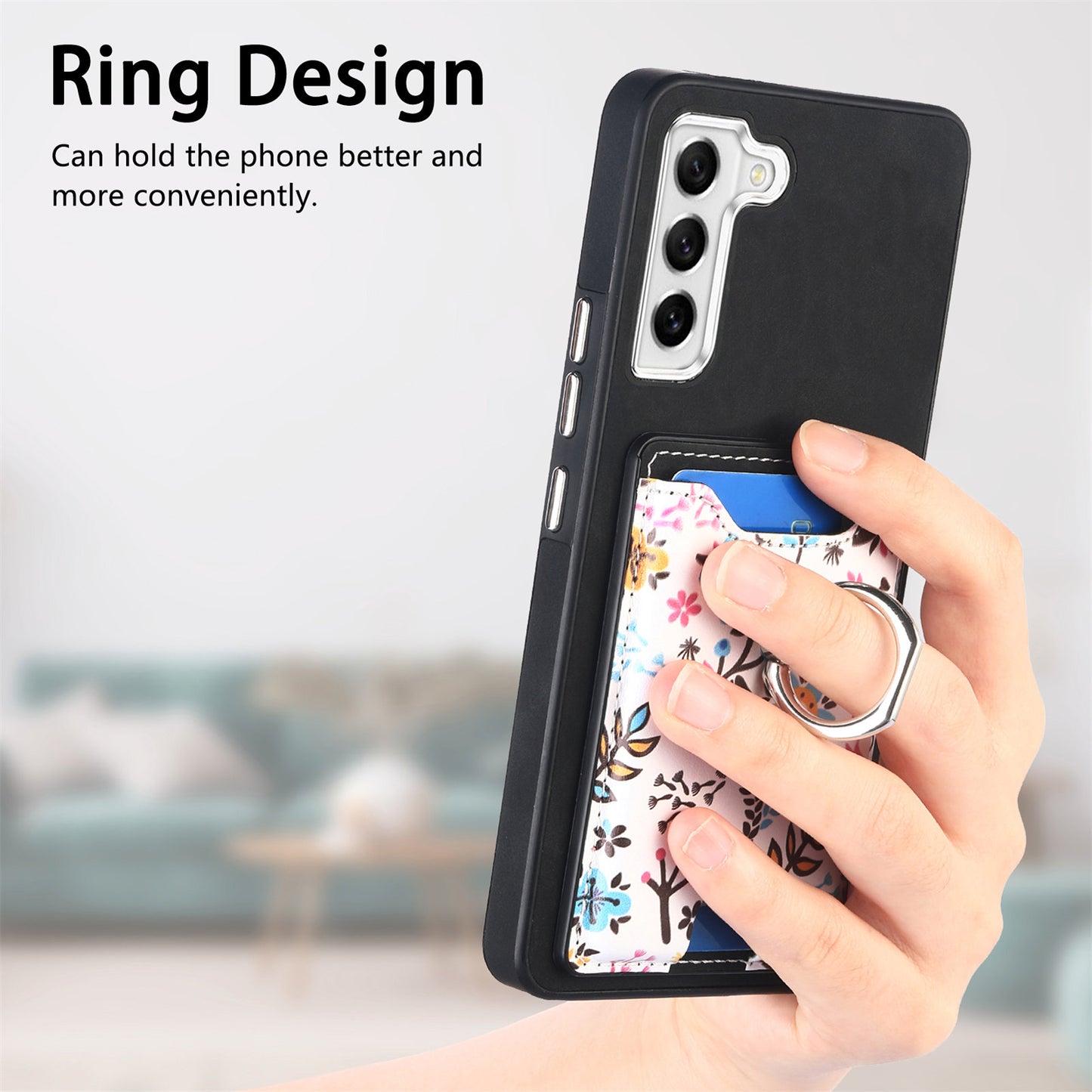 E4 for Samsung Galaxy S21 FE 5G Case Kickstand Leather Coated TPU Pattern Back Cover - Black