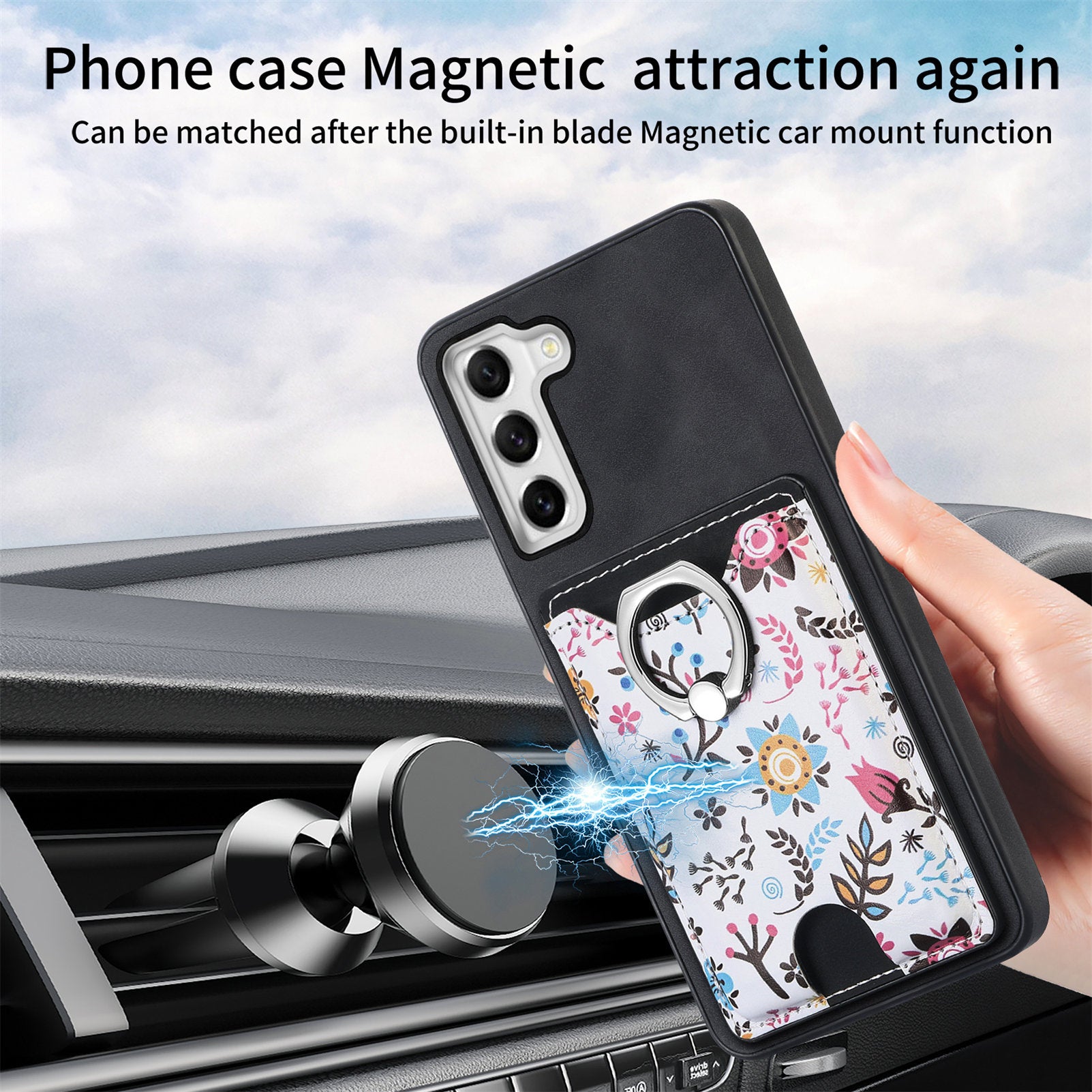 E4 for Samsung Galaxy S21 FE 5G Case Kickstand Leather Coated TPU Pattern Back Cover - Black