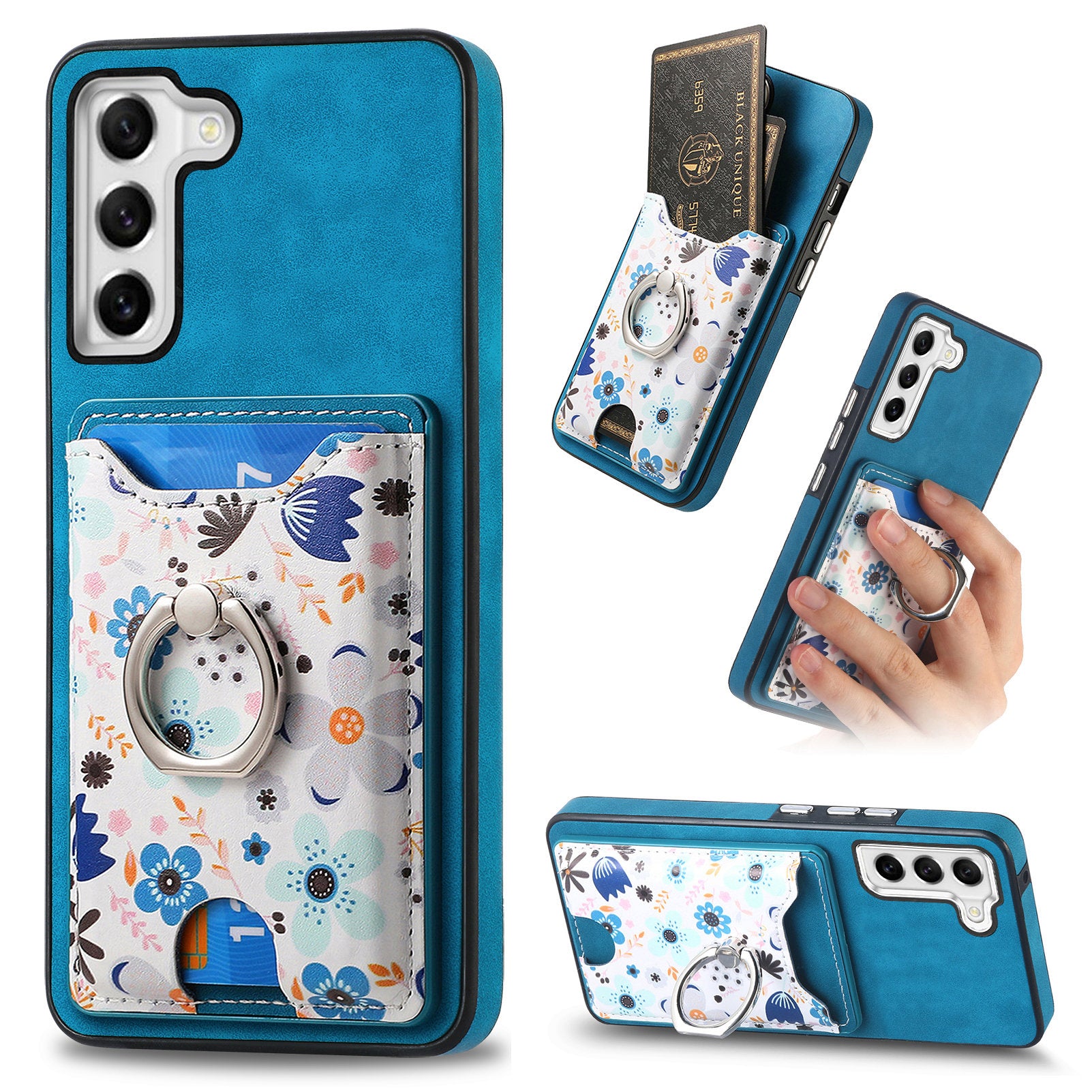 E4 for Samsung Galaxy S21 FE 5G Case Kickstand Leather Coated TPU Pattern Back Cover - Blue
