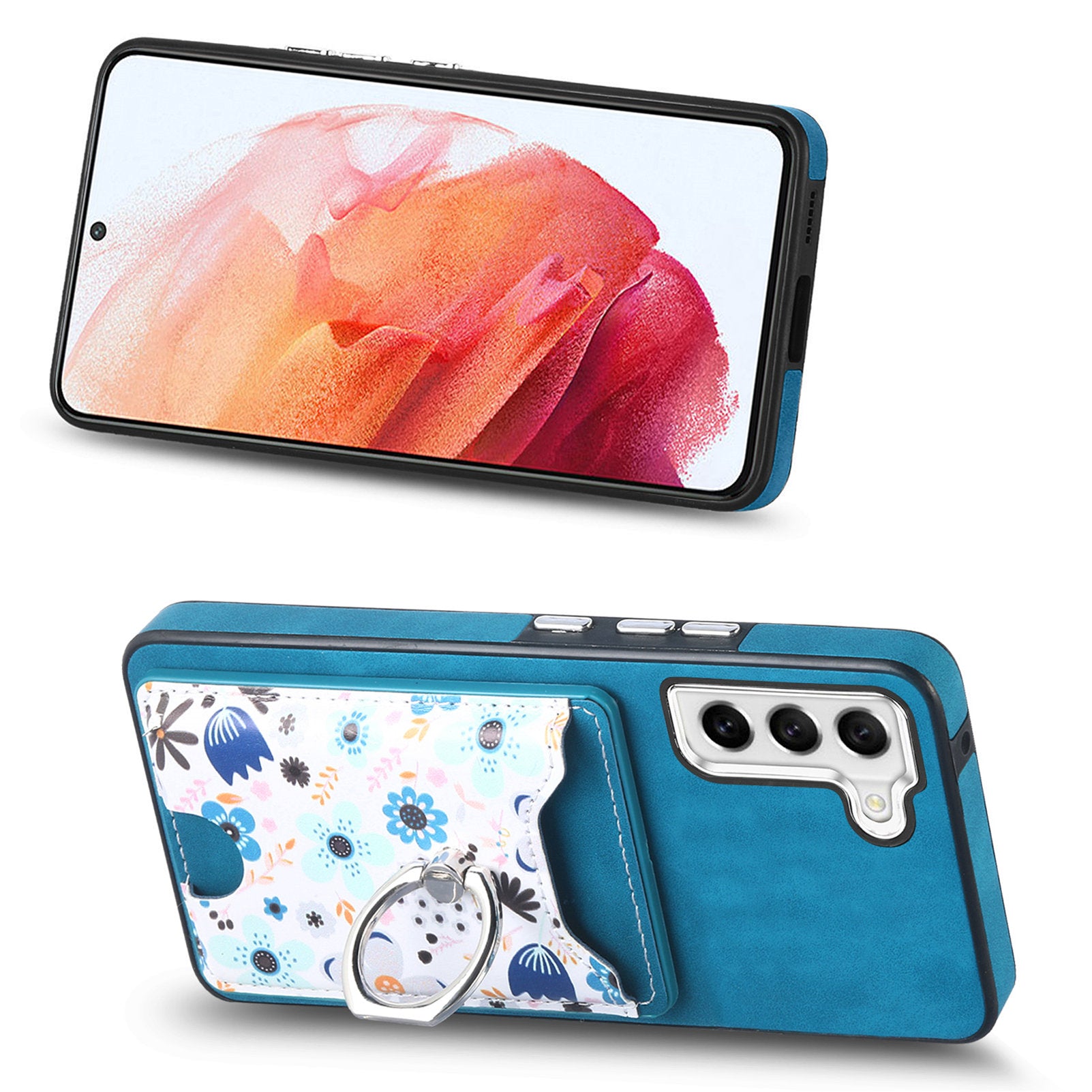E4 for Samsung Galaxy S21 FE 5G Case Kickstand Leather Coated TPU Pattern Back Cover - Blue