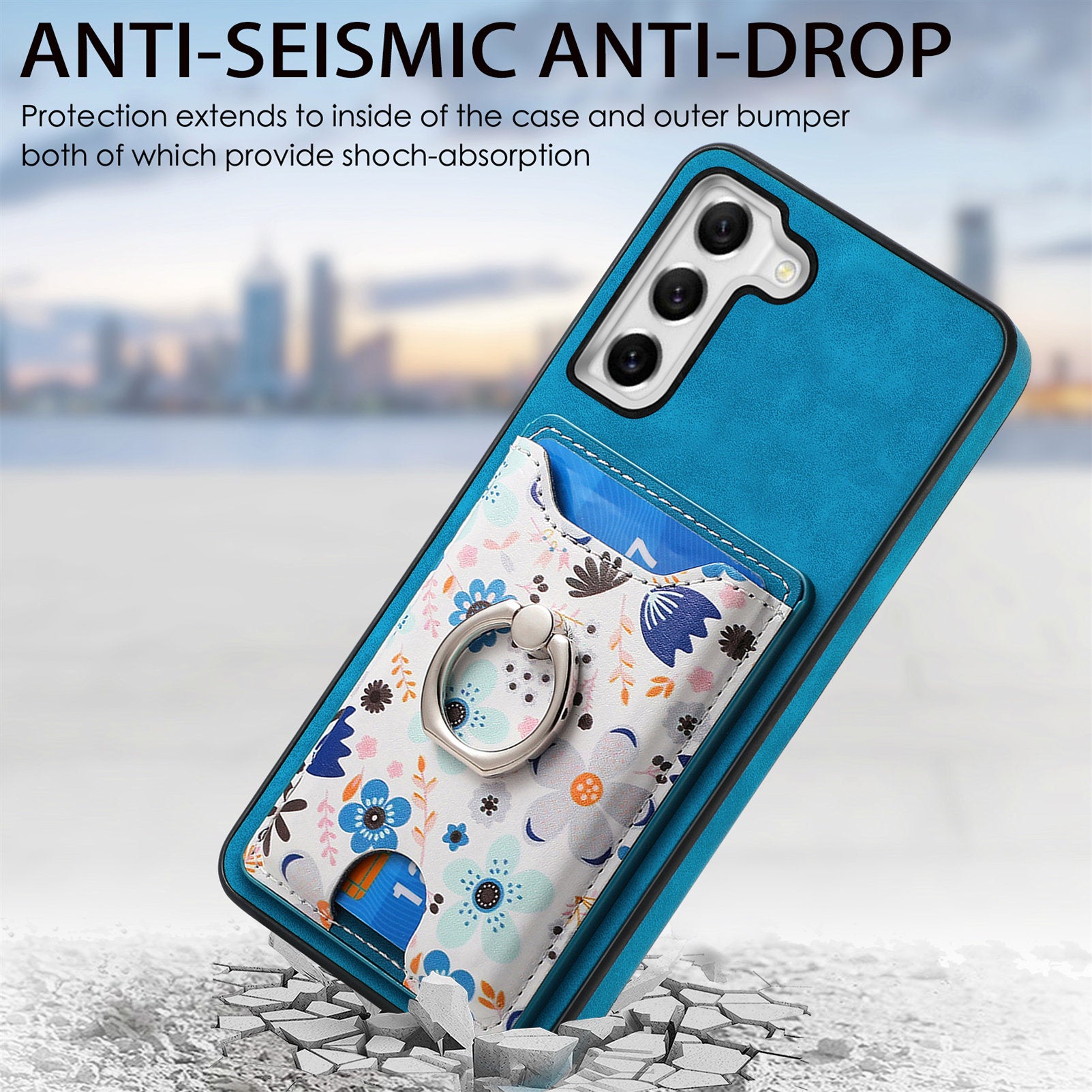 E4 for Samsung Galaxy S21 FE 5G Case Kickstand Leather Coated TPU Pattern Back Cover - Blue