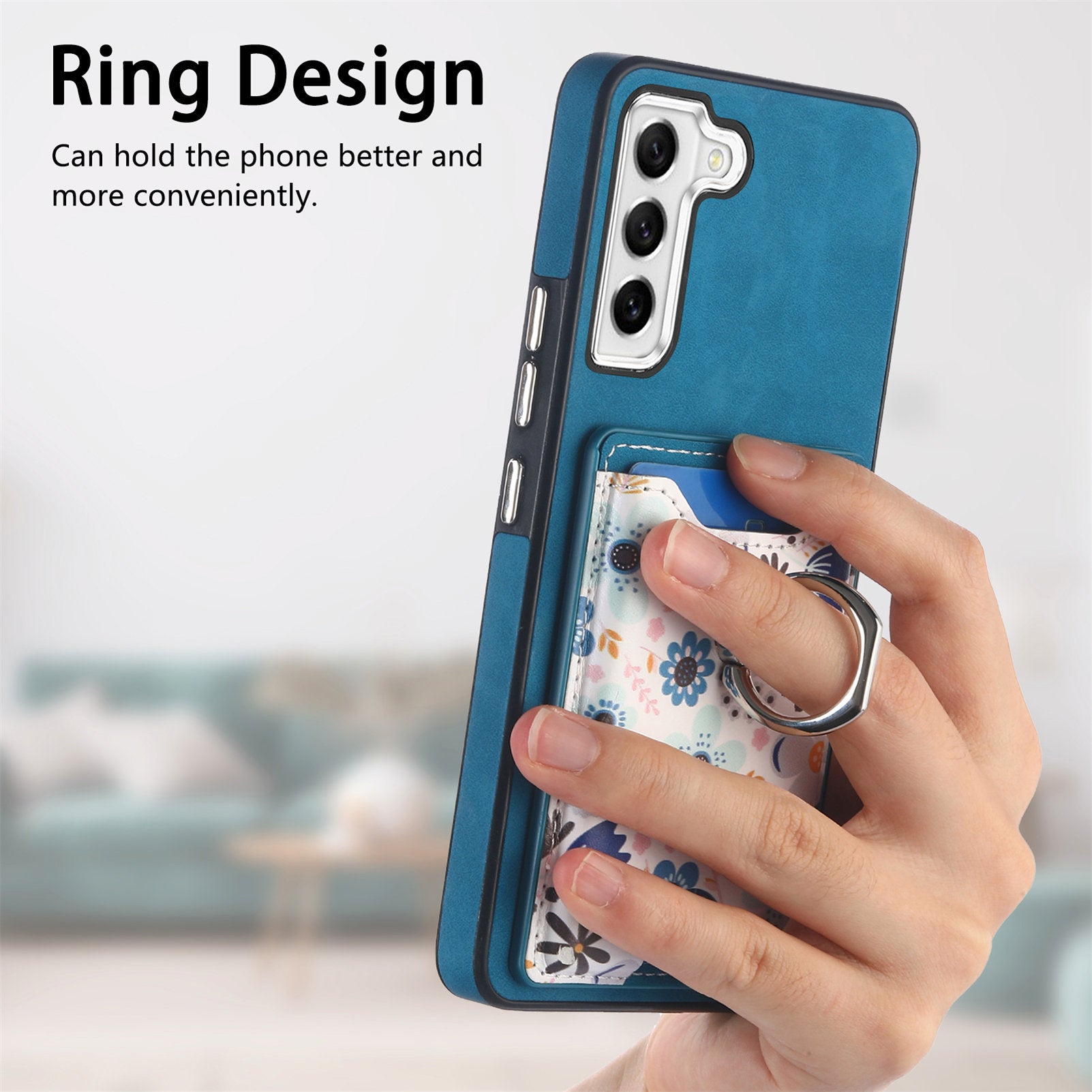 E4 for Samsung Galaxy S21 FE 5G Case Kickstand Leather Coated TPU Pattern Back Cover - Blue