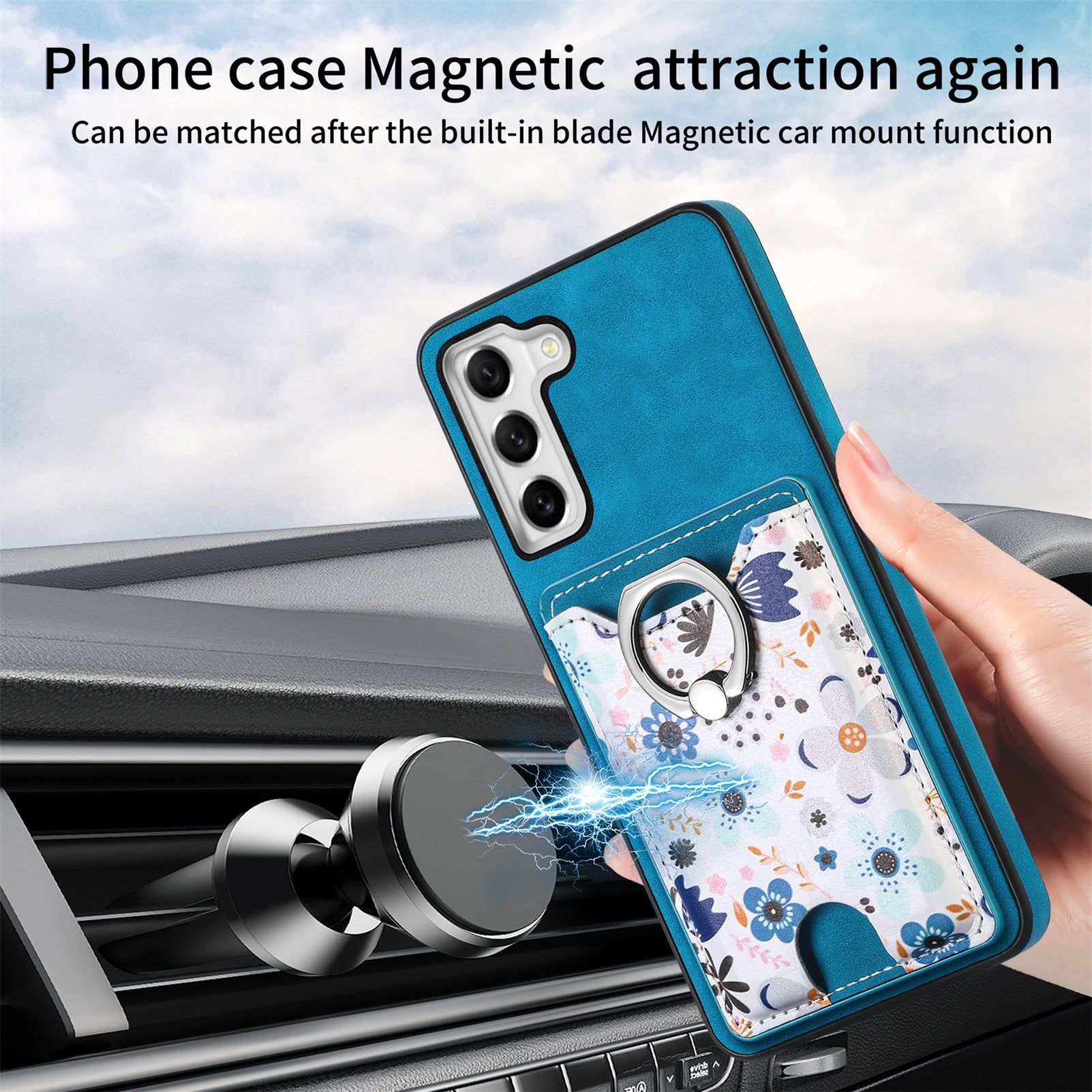 E4 for Samsung Galaxy S21 FE 5G Case Kickstand Leather Coated TPU Pattern Back Cover - Blue