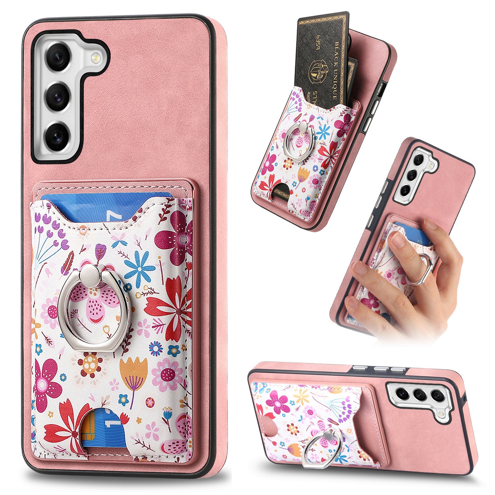 E4 for Samsung Galaxy S21 FE 5G Case Kickstand Leather Coated TPU Pattern Back Cover - Pink