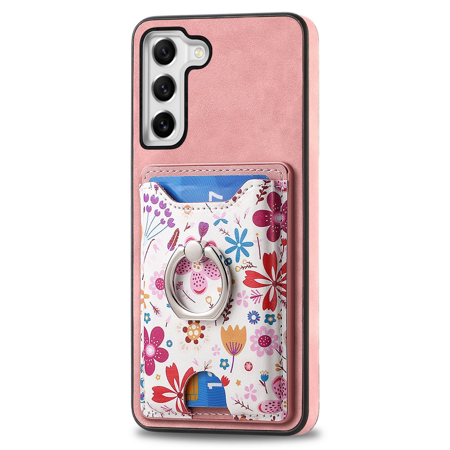 E4 for Samsung Galaxy S21 FE 5G Case Kickstand Leather Coated TPU Pattern Back Cover - Pink