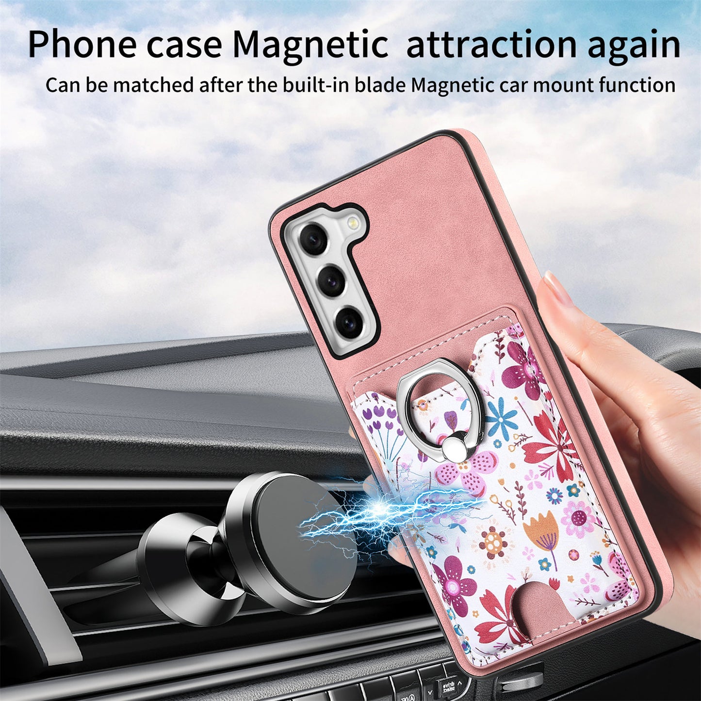 E4 for Samsung Galaxy S21 FE 5G Case Kickstand Leather Coated TPU Pattern Back Cover - Pink