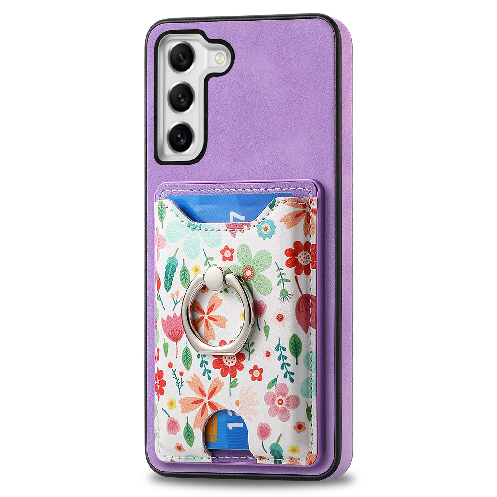 E4 for Samsung Galaxy S21 FE 5G Case Kickstand Leather Coated TPU Pattern Back Cover - Purple
