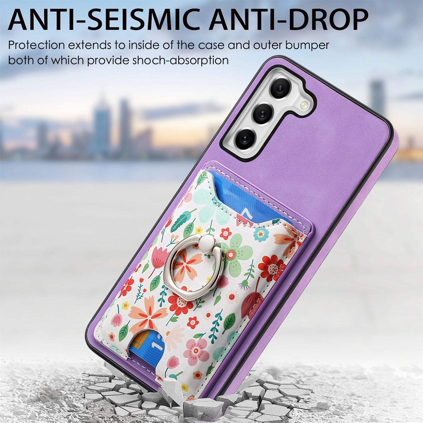 E4 for Samsung Galaxy S21 FE 5G Case Kickstand Leather Coated TPU Pattern Back Cover - Purple