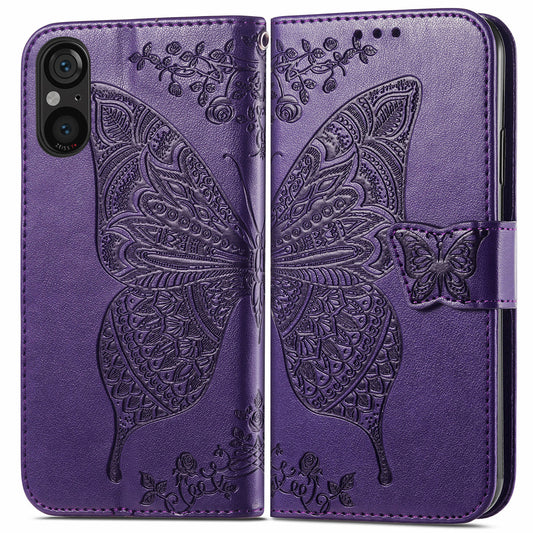 For Sony Xperia 5 V Case PU Leather Butterfly Floral Flip Protective Phone Cover with Strap - Dark Purple