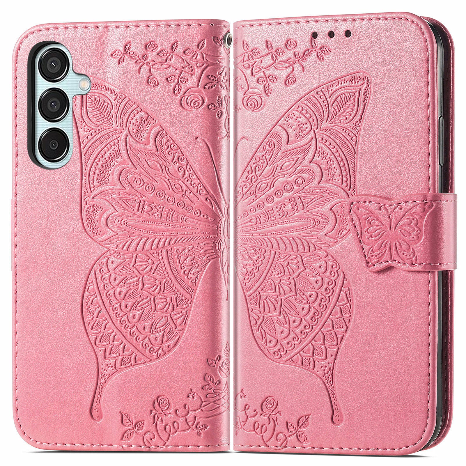 For Samsung Galaxy M15 5G Case Butterfly Pattern PU Leather Hand Strap Wallet Purse Phone Cover - Pink