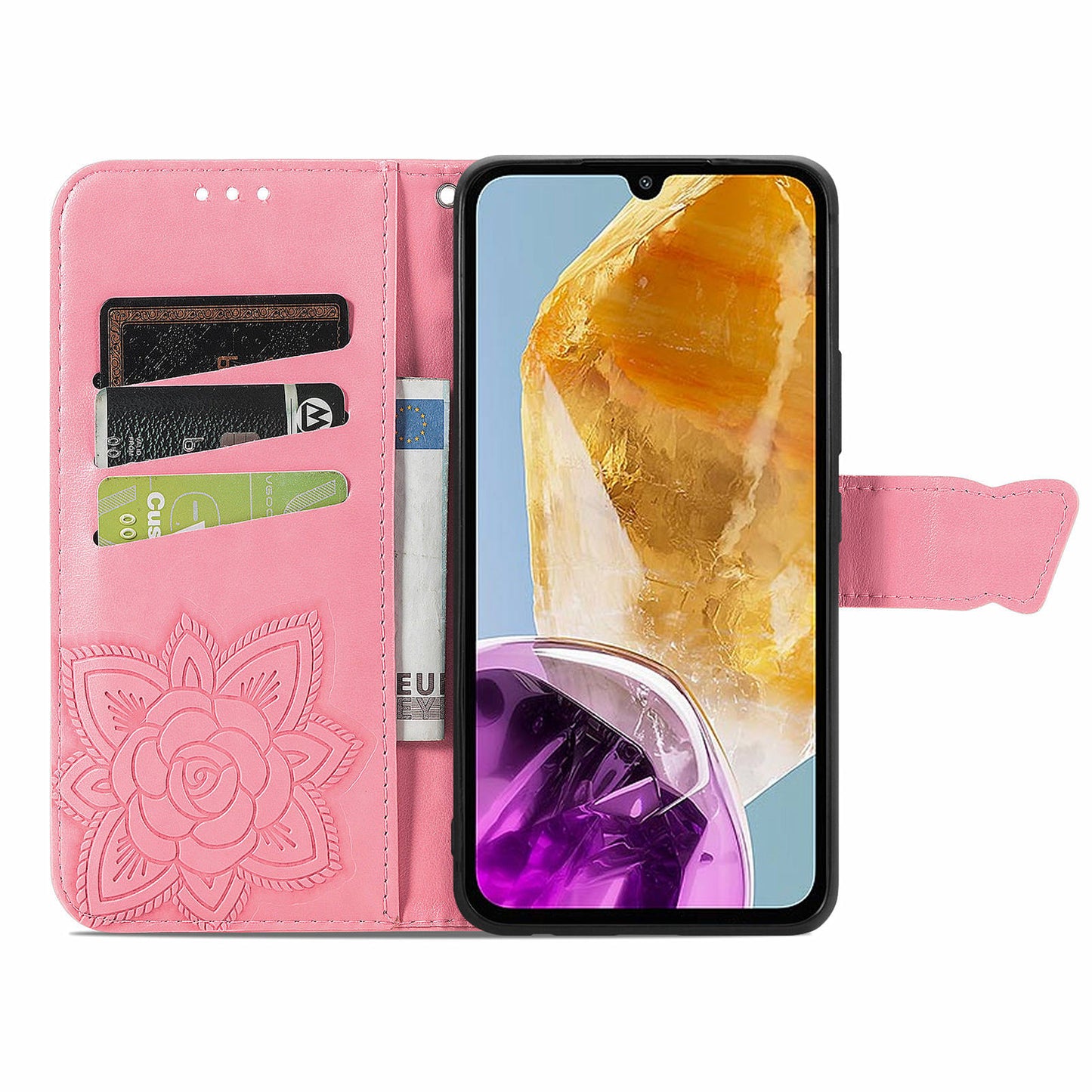 For Samsung Galaxy M15 5G Case Butterfly Pattern PU Leather Hand Strap Wallet Purse Phone Cover - Pink