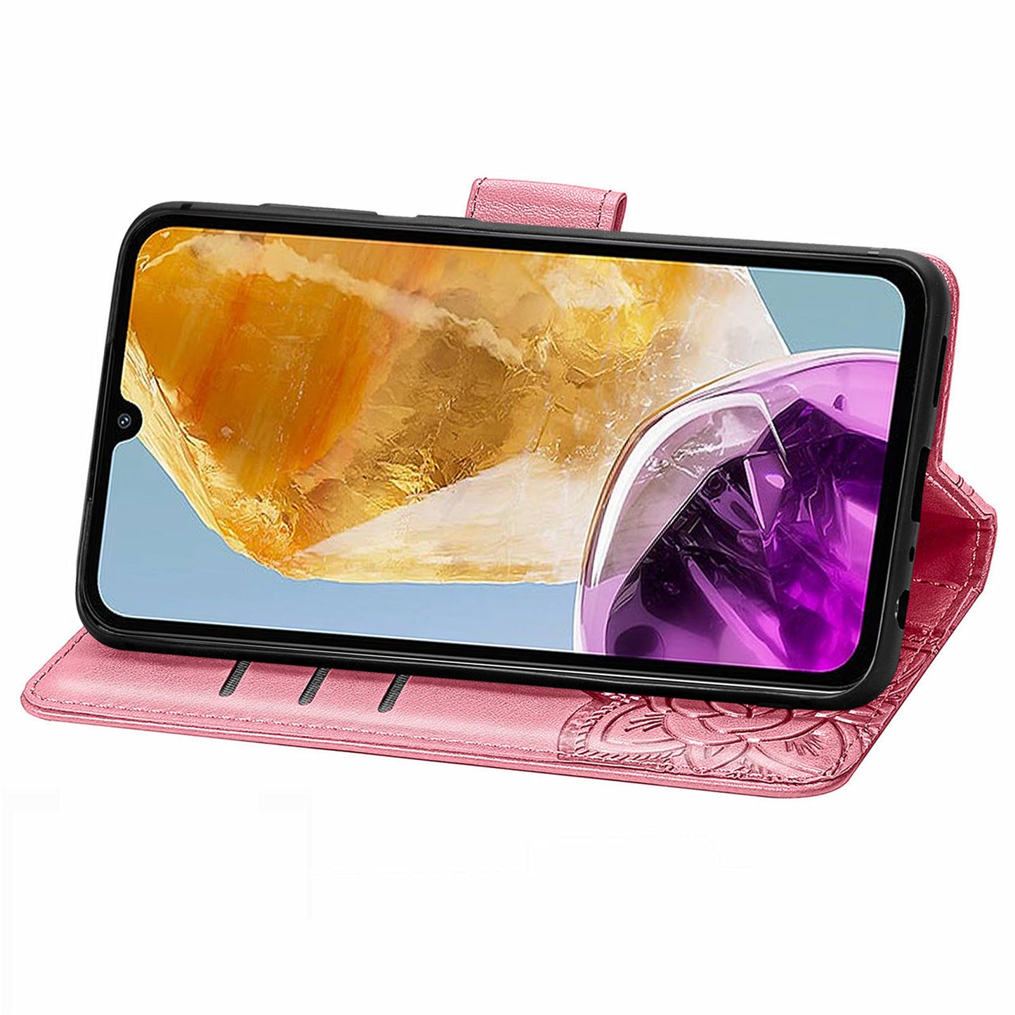 For Samsung Galaxy M15 5G Case Butterfly Pattern PU Leather Hand Strap Wallet Purse Phone Cover - Pink