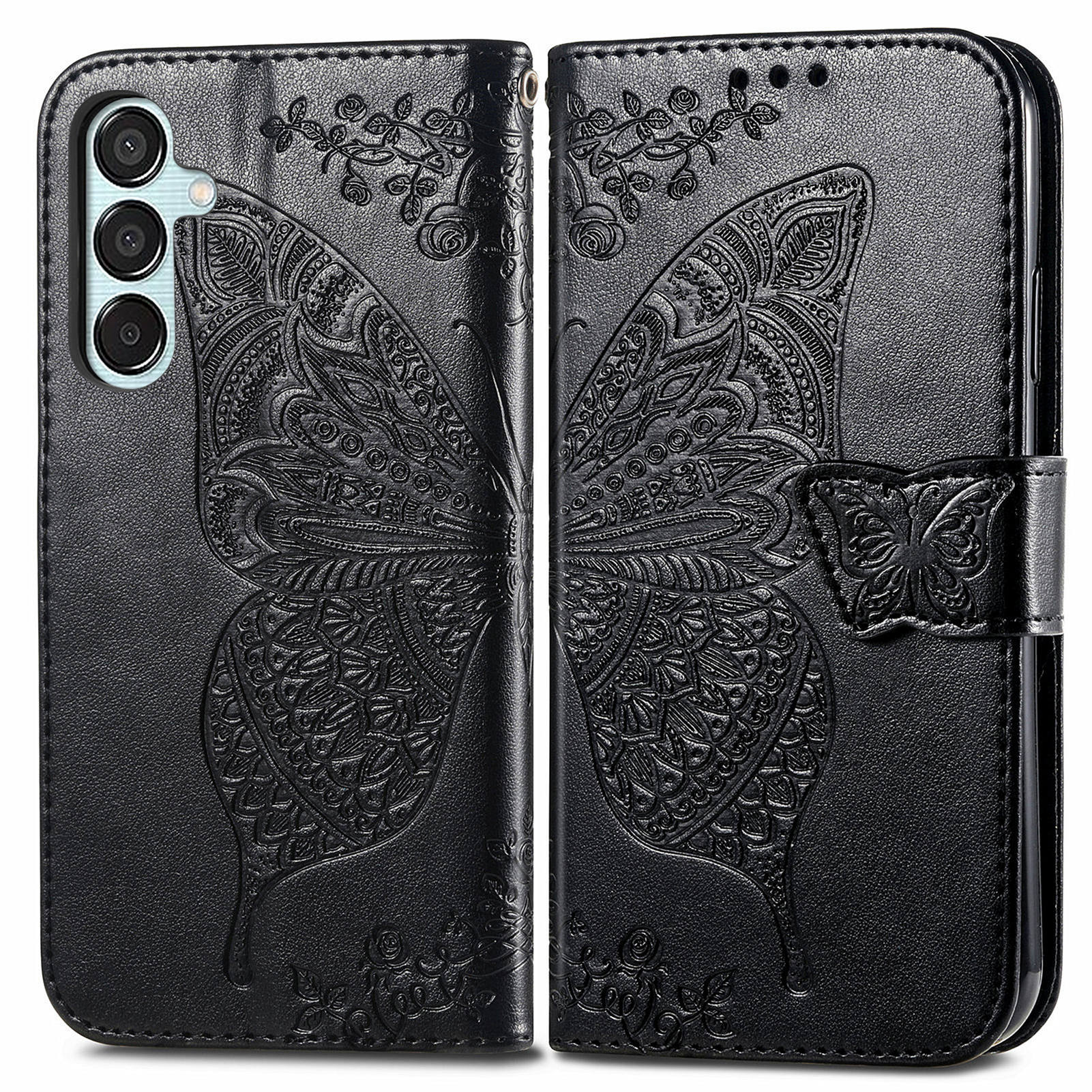 For Samsung Galaxy M15 5G Case Butterfly Pattern PU Leather Hand Strap Wallet Purse Phone Cover - Black