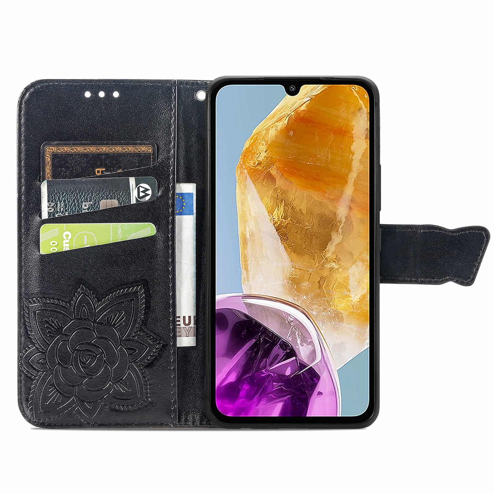 For Samsung Galaxy M15 5G Case Butterfly Pattern PU Leather Hand Strap Wallet Purse Phone Cover - Black