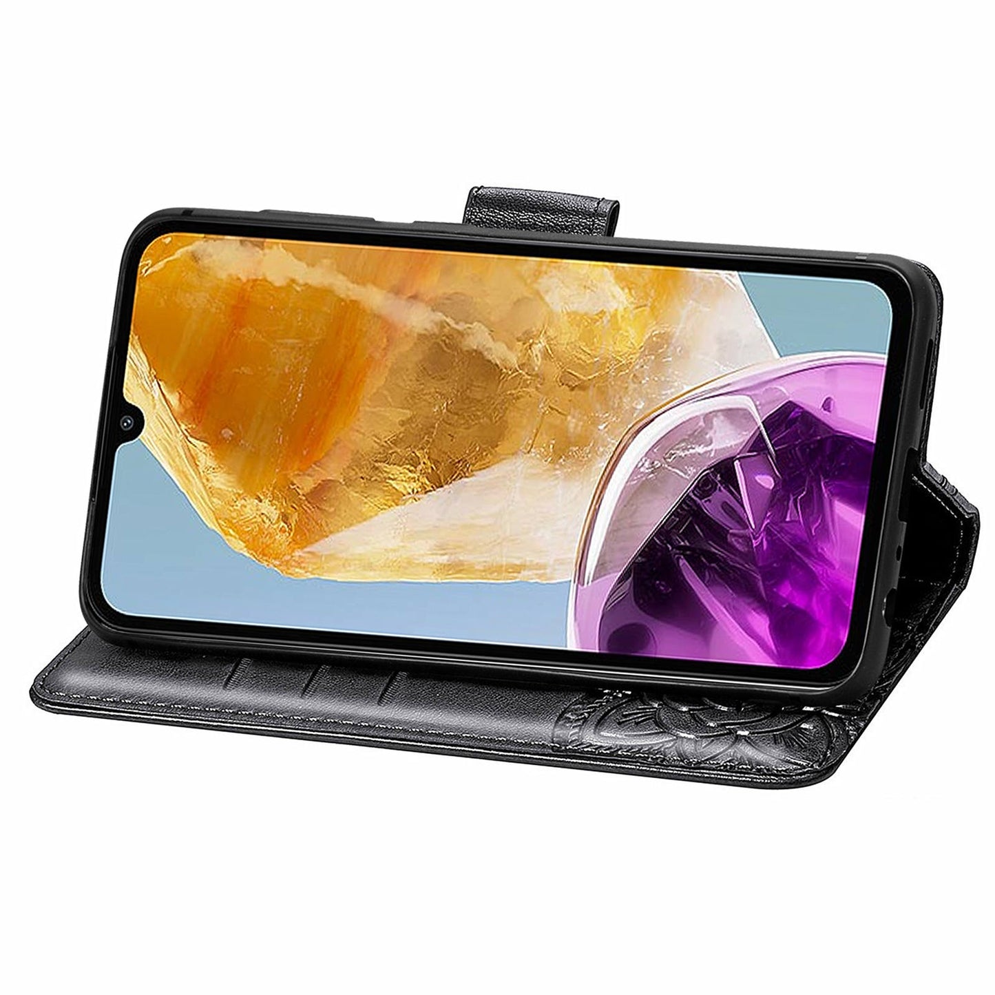 For Samsung Galaxy M15 5G Case Butterfly Pattern PU Leather Hand Strap Wallet Purse Phone Cover - Black