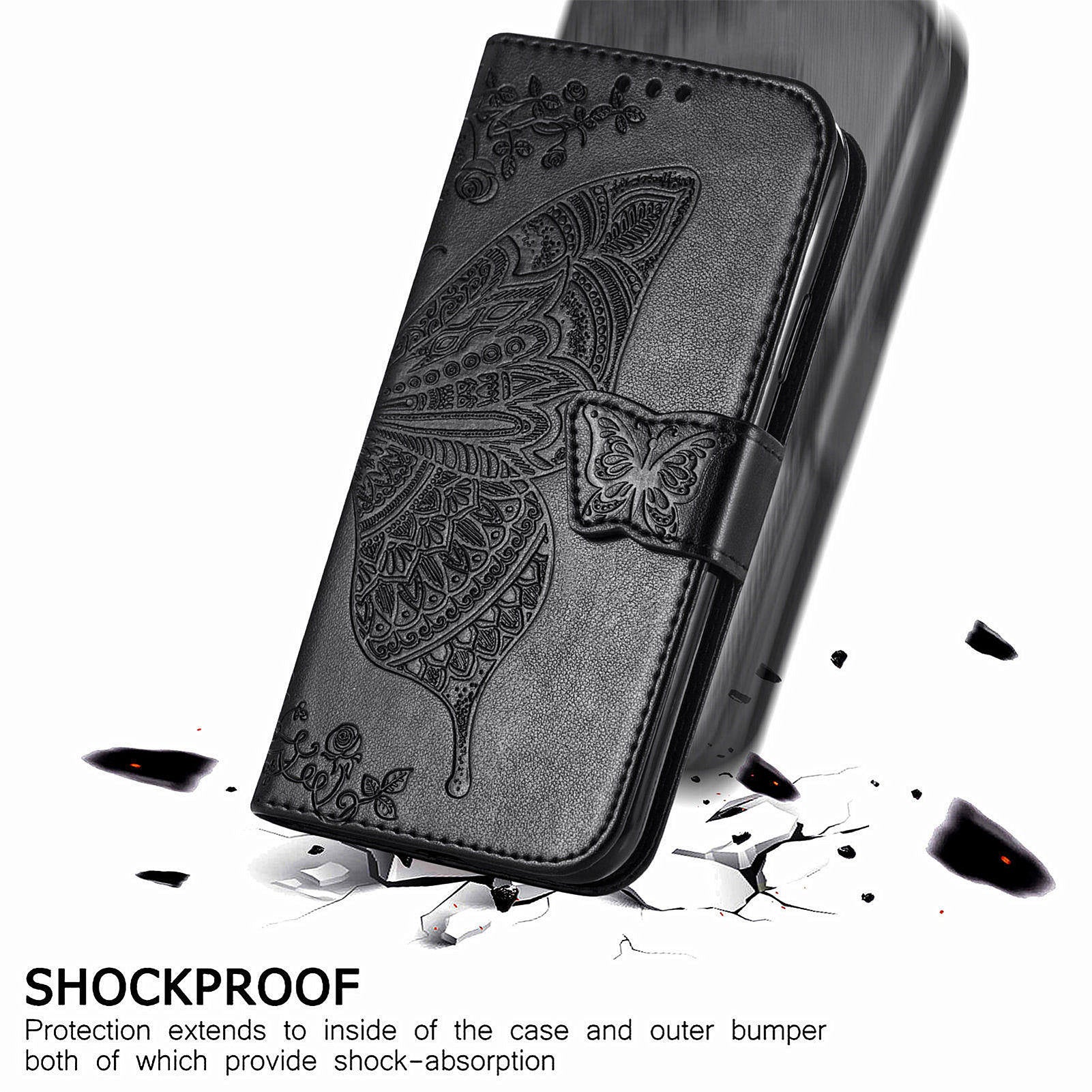 For Samsung Galaxy M15 5G Case Butterfly Pattern PU Leather Hand Strap Wallet Purse Phone Cover - Black