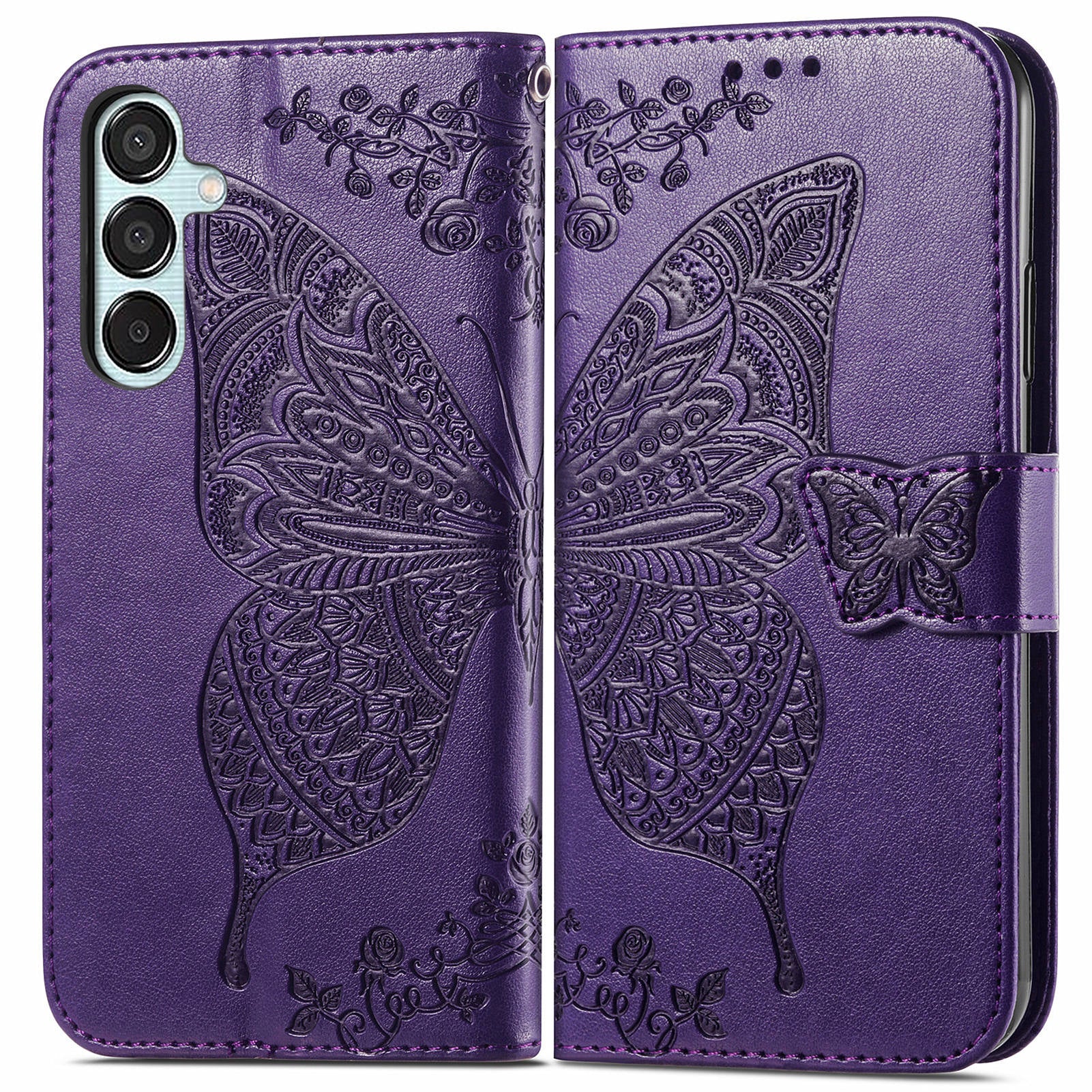 For Samsung Galaxy M15 5G Case Butterfly Pattern PU Leather Hand Strap Wallet Purse Phone Cover - Dark Purple