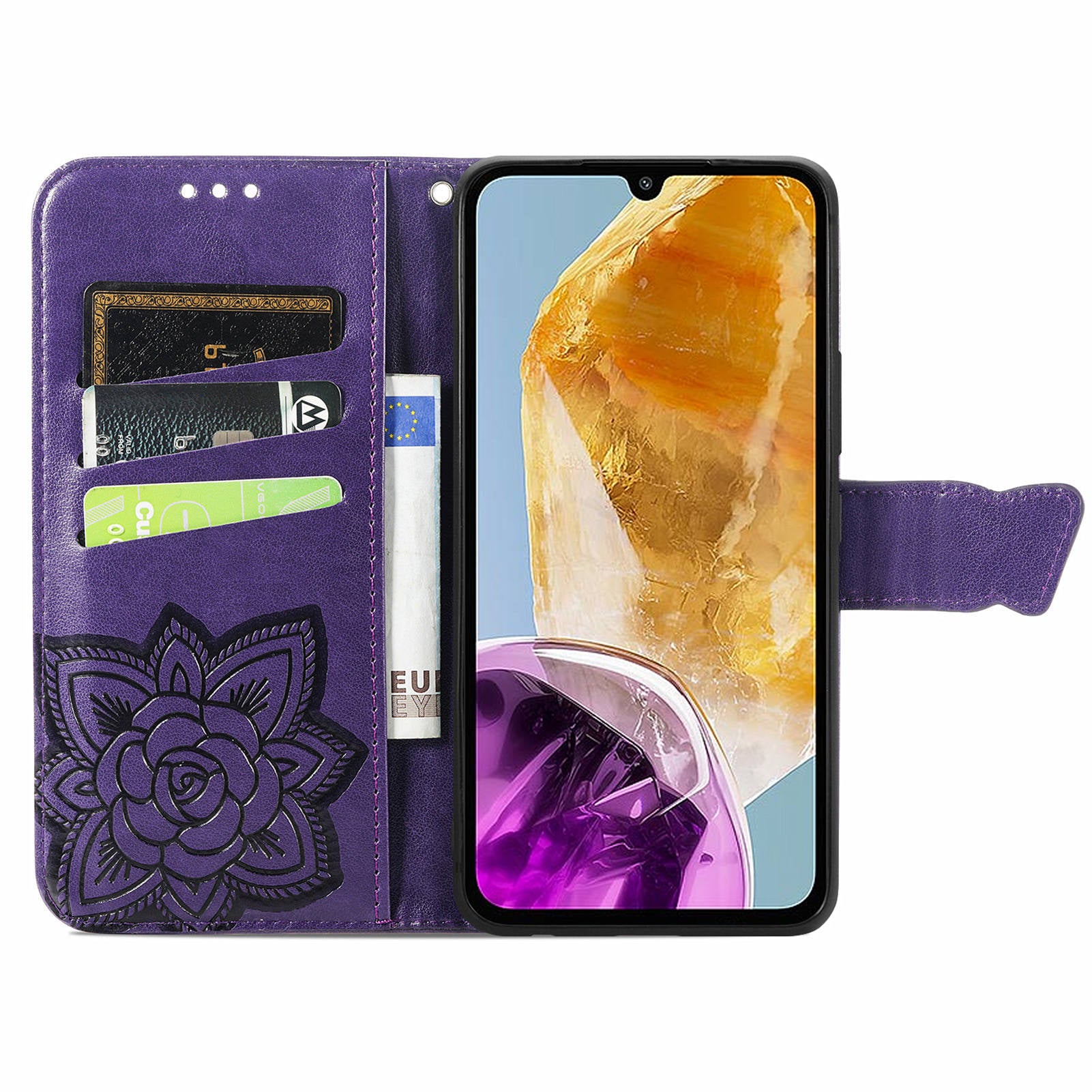 For Samsung Galaxy M15 5G Case Butterfly Pattern PU Leather Hand Strap Wallet Purse Phone Cover - Dark Purple