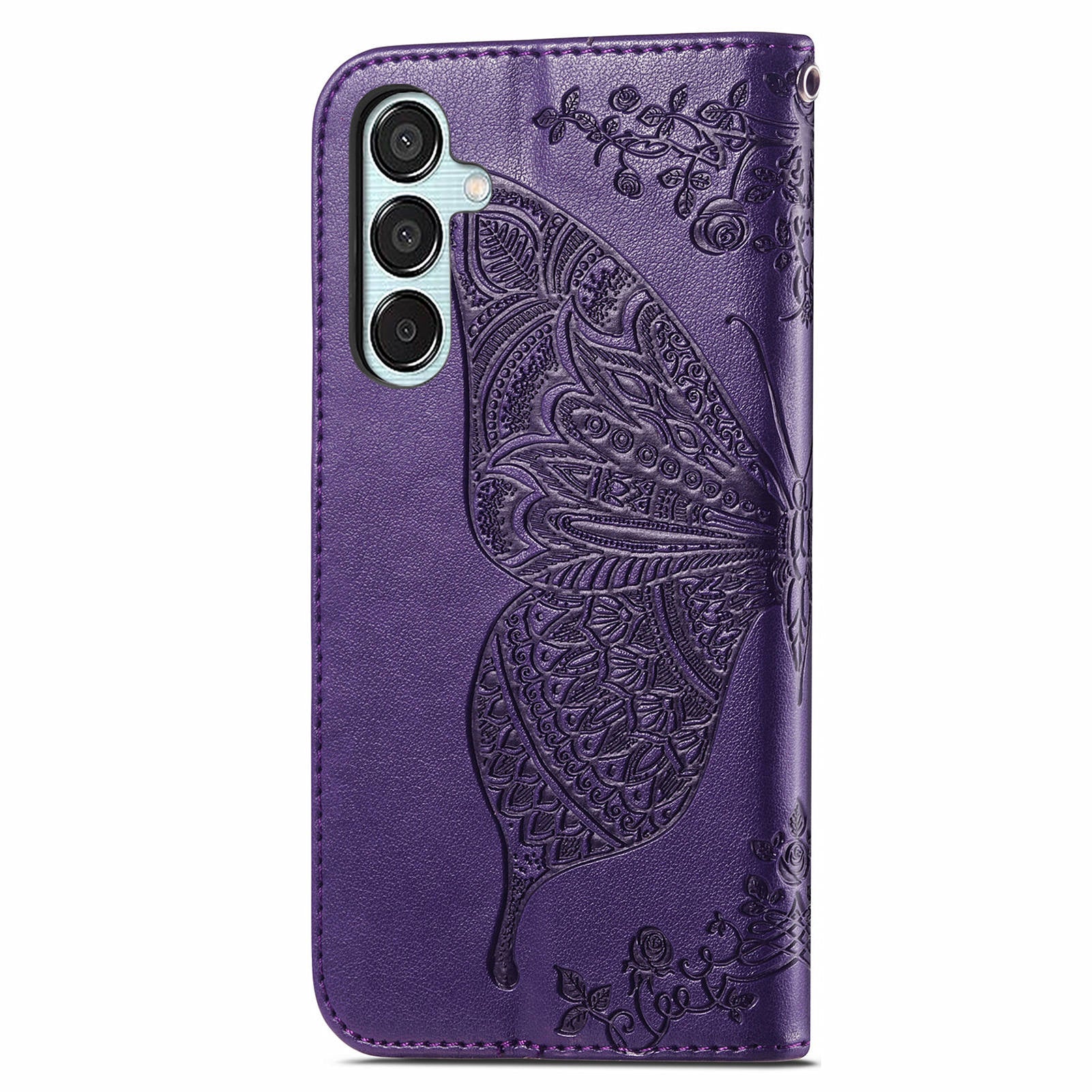 For Samsung Galaxy M15 5G Case Butterfly Pattern PU Leather Hand Strap Wallet Purse Phone Cover - Dark Purple
