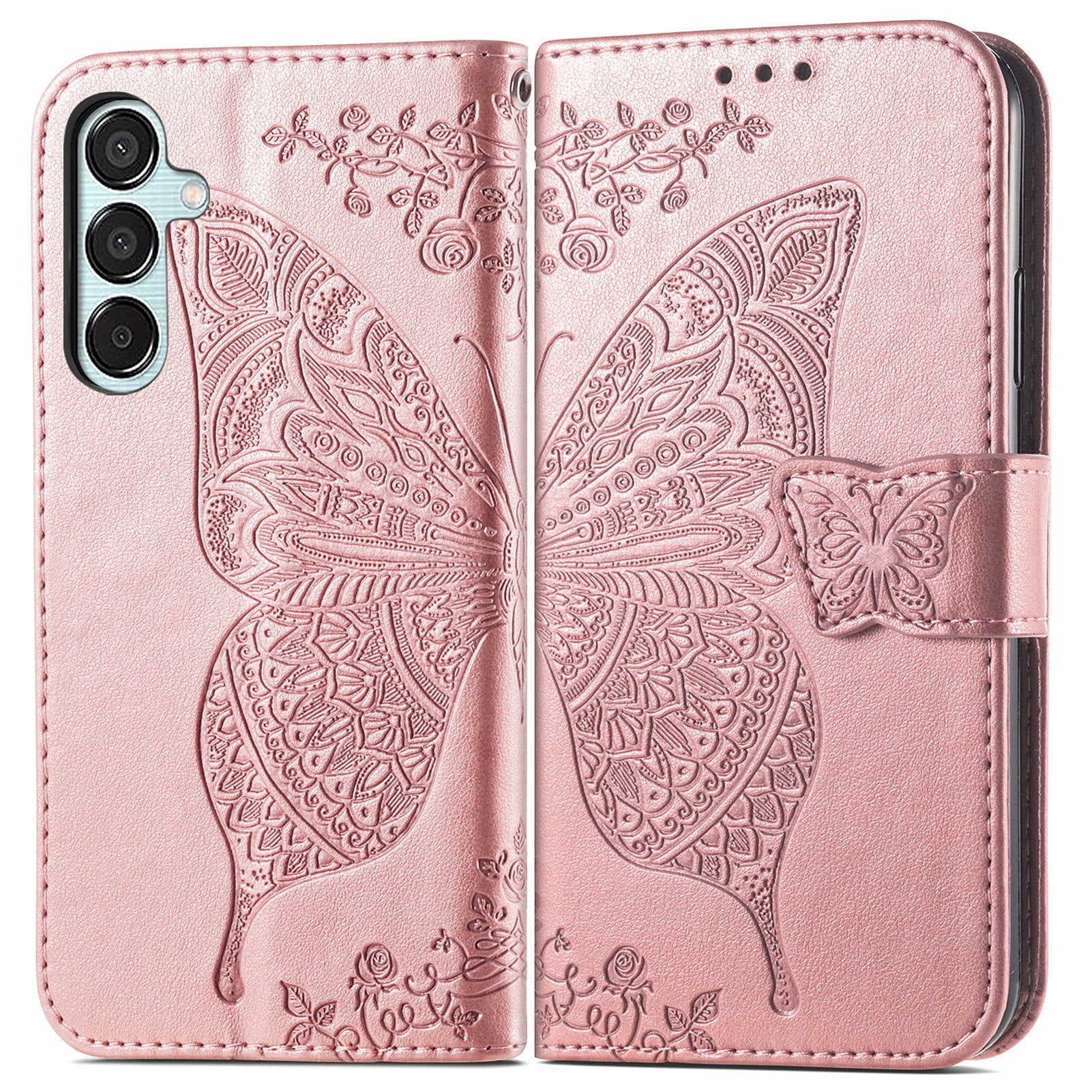 For Samsung Galaxy M15 5G Case Butterfly Pattern PU Leather Hand Strap Wallet Purse Phone Cover - Rose Gold