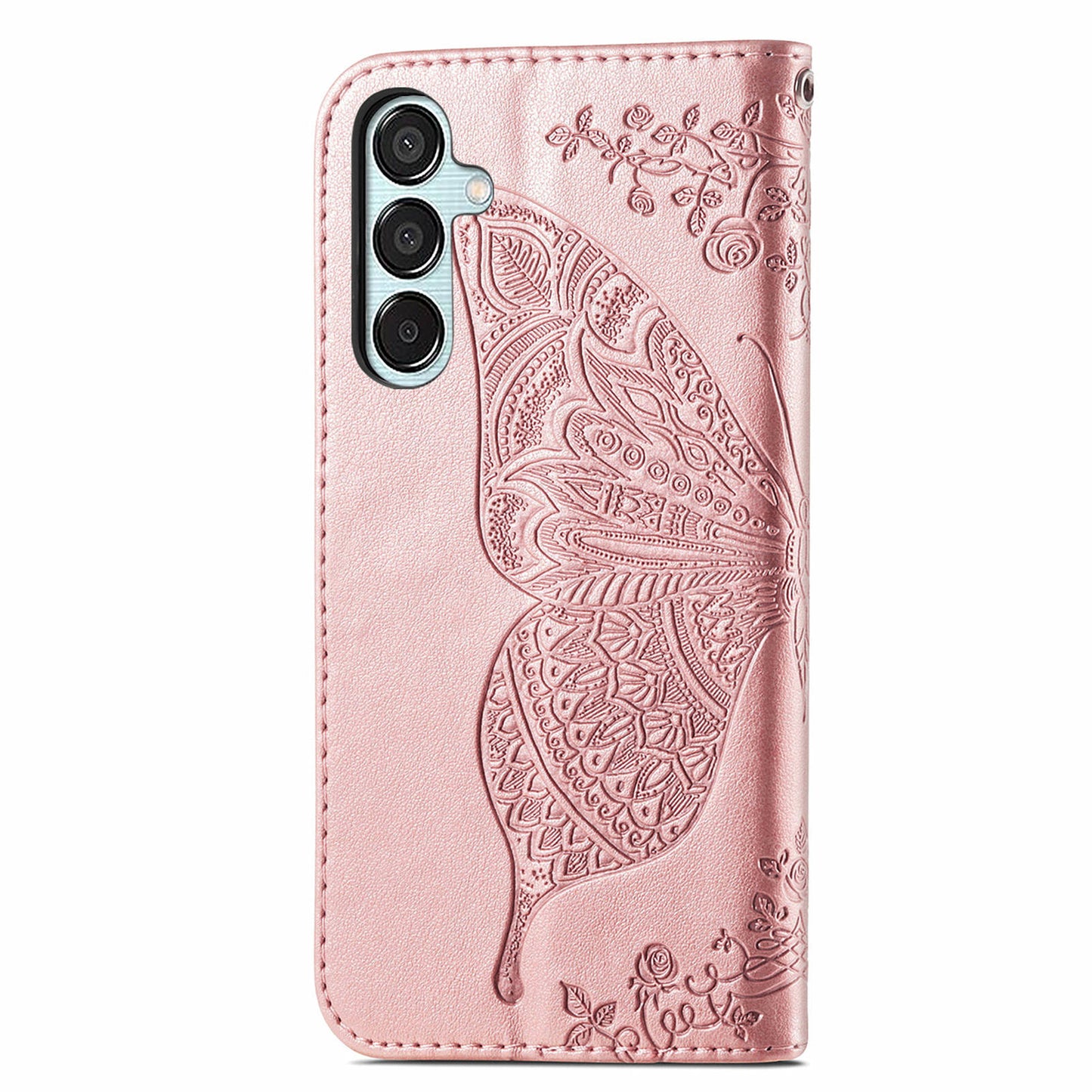 For Samsung Galaxy M15 5G Case Butterfly Pattern PU Leather Hand Strap Wallet Purse Phone Cover - Rose Gold